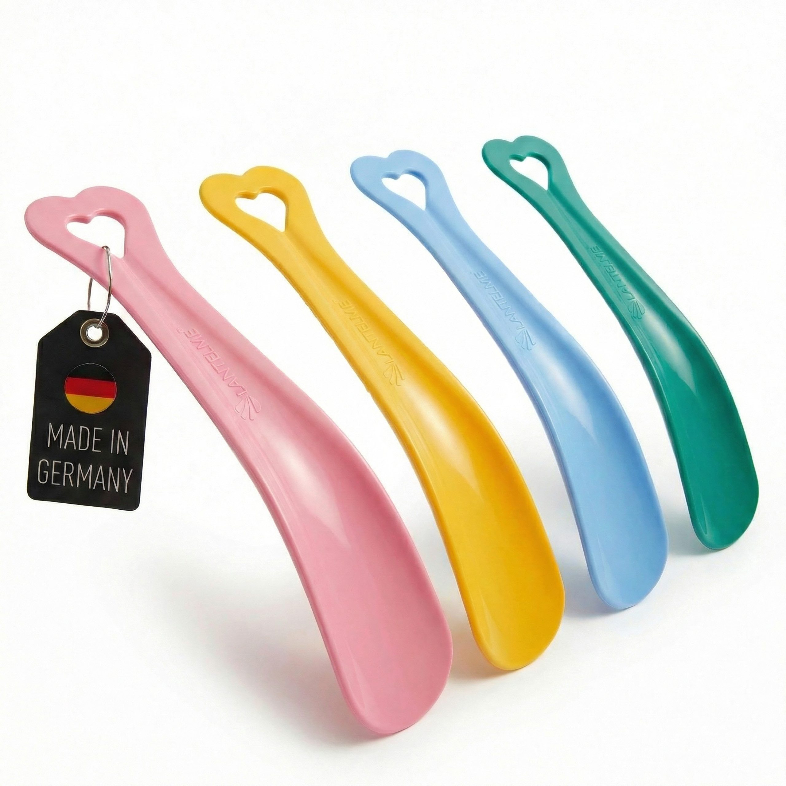 Lantelme Schuhlöffel 4 Stück Baby Schuhlöffel Set bis Schuhgröße 24 Schuhanzieher, 4 Teilig Kunststoff mit lächelnden Figuren in Grün Blau Gelb Rosa