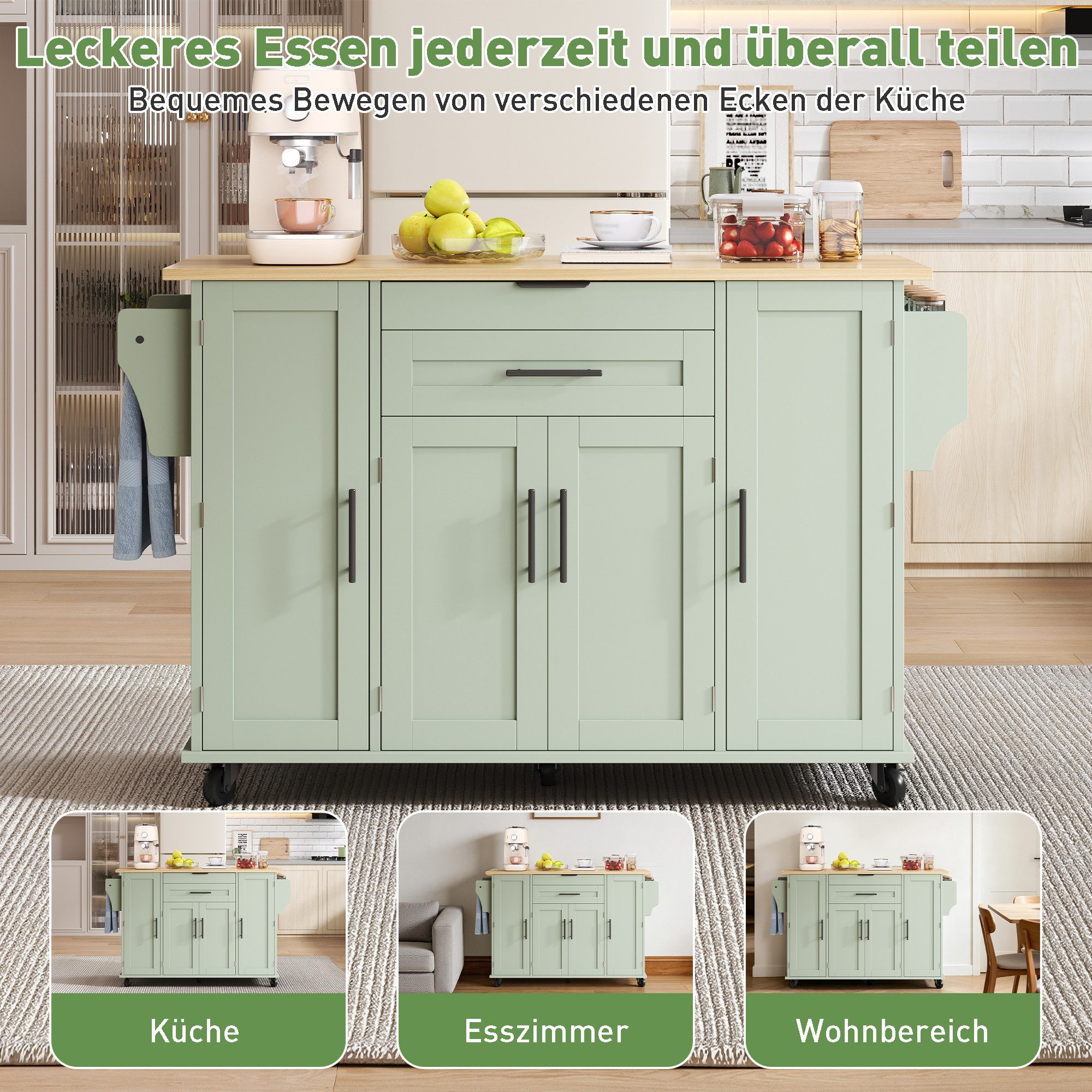 Celya Kücheninsel Küchenwagen,ausziehbare Arbeitsplatte, verstellbare Einlegeböden, (verdeckte Besteckschublade, Gewürzregal und Handtuchhalter), Ideal für Esszimmer, Wohnzimmer und Küche
