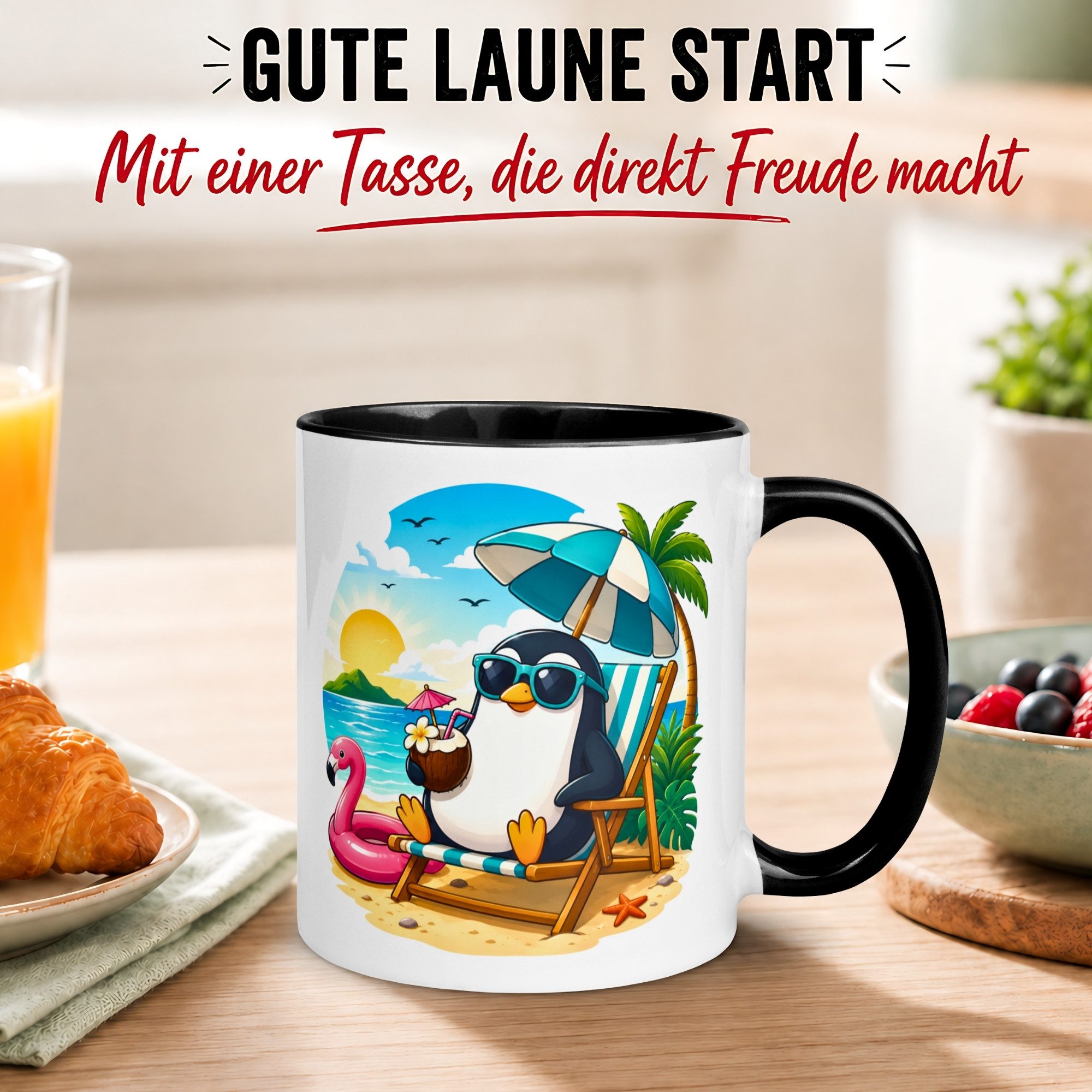 Momentals Tasse Pinguin – Chilliger Pinguin am Strand – lustiges Anti Stress Geschenk, Gratis Versand · Links-&Rechtshänder · Spülmaschinenfest
