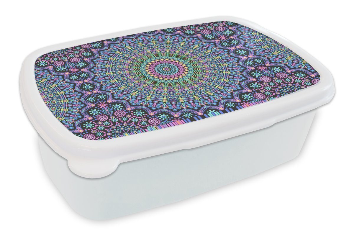 MuchoWow Lunchbox Mandala - Hippie - Regenbogen - Neon - Muster, Kunststoff, (2-tlg), Brotbox für Kinder und Erwachsene, Brotdose, für Jungs und Mädchen weiß