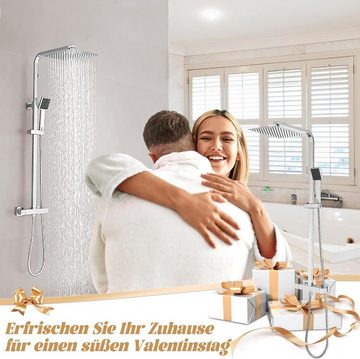 KOMIRO Duschsystem mit Thermostat, Dusche Regendusche Set Duschamaturenset, Höhe 150 cm, 2 Strahlart(en), mit 25 * 25cm Duschkopf mit schlauch,Verstellbare Duschstange bei 38°C
