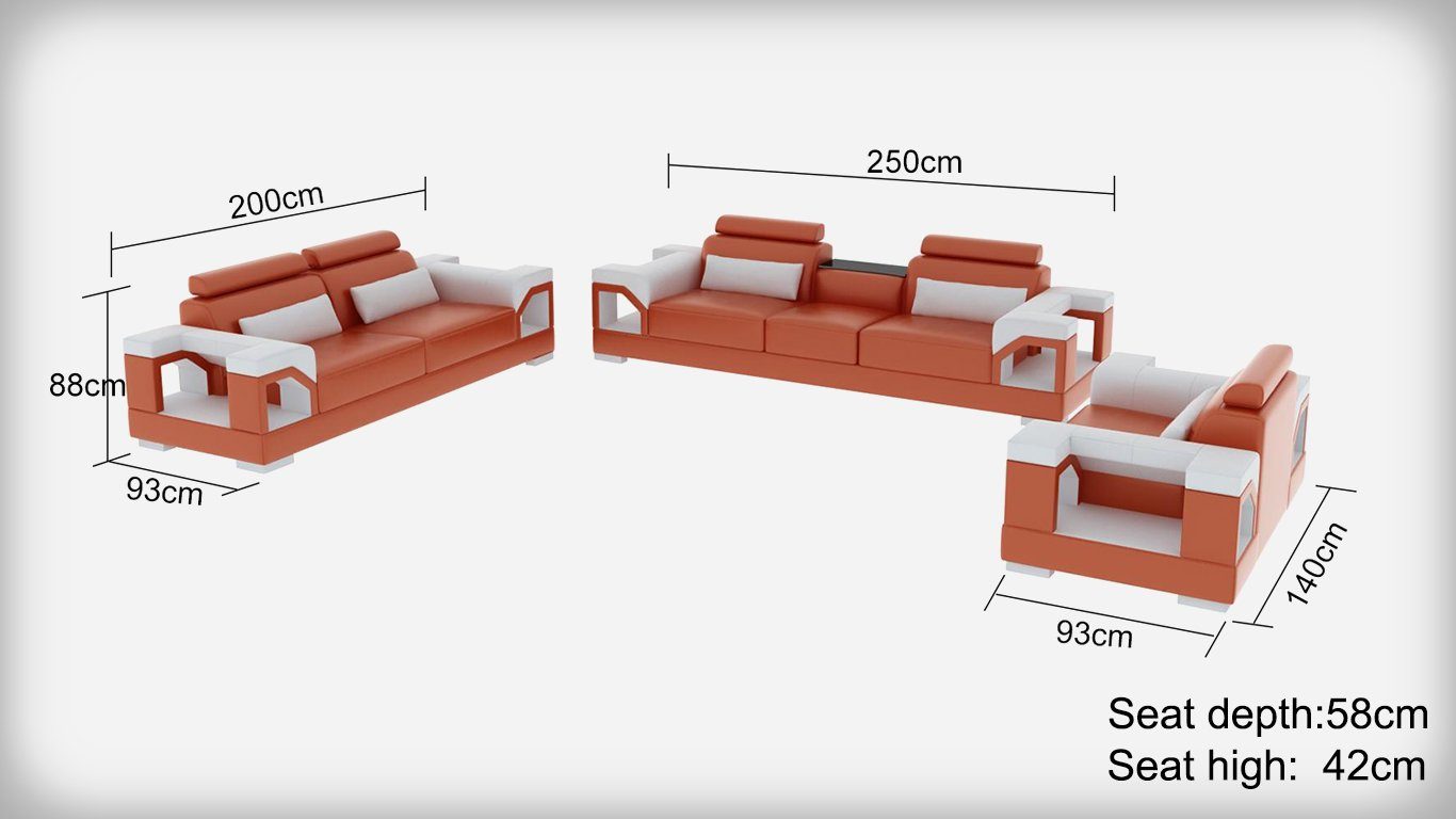 JVmoebel Wohnzimmer-Set, Ledersofa Couch Sofa Garnitur Design 321 Modern usb Sofagarnitur Weiß/Schwarz