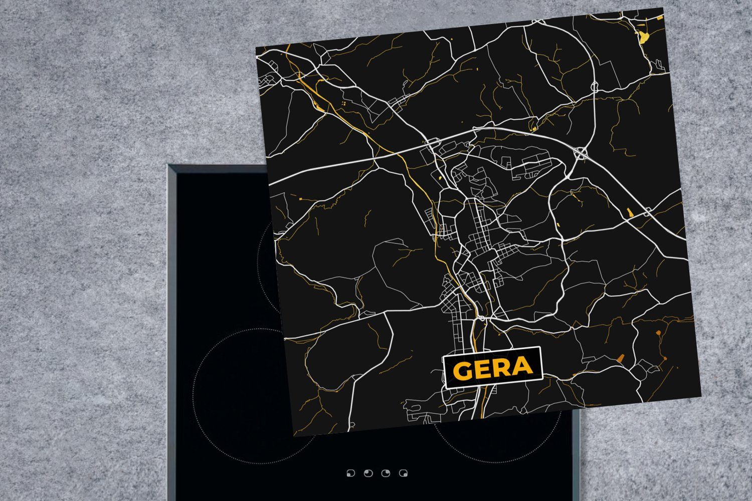Herdblende-/Abdeckplatte Ceranfeldabdeckung, Gera (1 für 78x78 cm, - tlg), - küche - Vinyl, Deutschland, Gold - Arbeitsplatte MuchoWow Stadtplan Karte