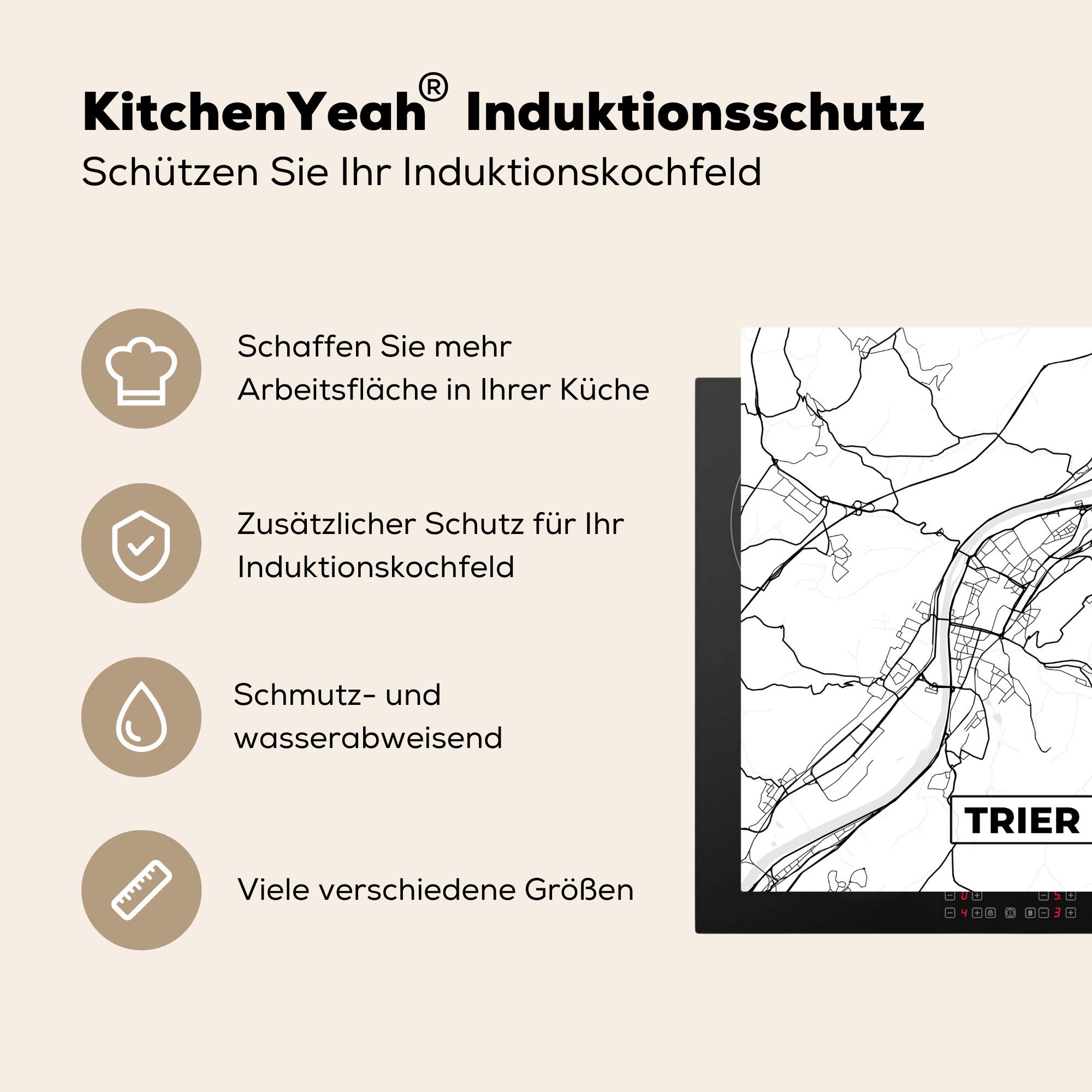 78x78 - Herdblende-/Abdeckplatte (1 Karte cm, für - MuchoWow Stadtplan, Trier Vinyl, tlg), küche Arbeitsplatte Ceranfeldabdeckung,