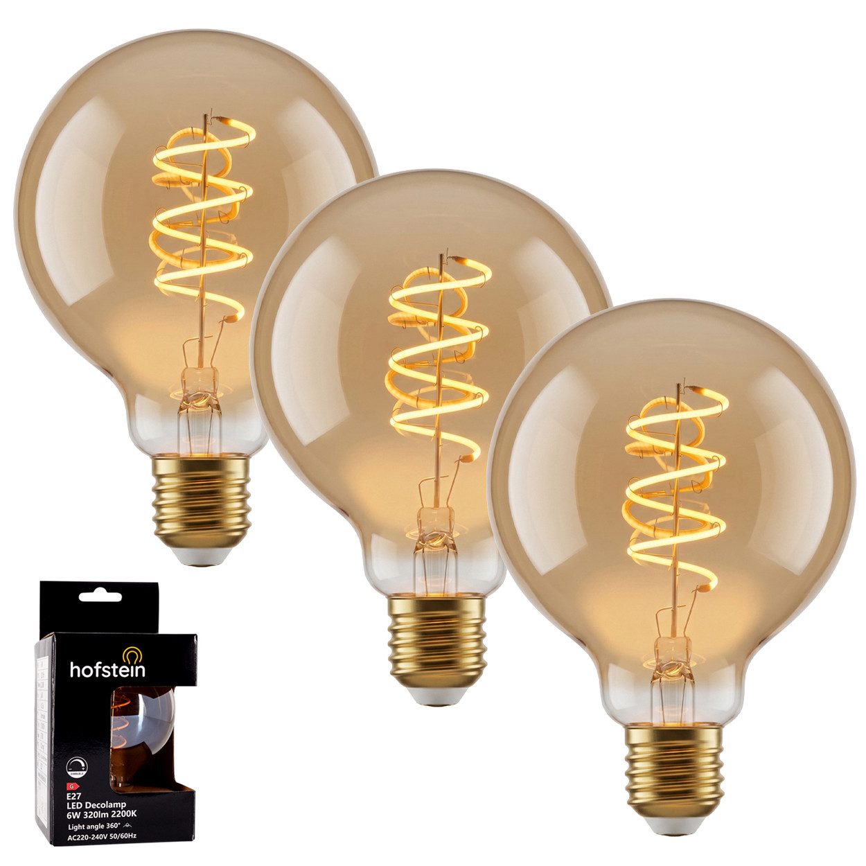 hofstein LED-Leuchtmittel 3er Set Glühbirne Extra Warmweiß dimmbar 6 Watt, E27, 2200 Kelvin, 320 Lumen, Globe Vintage, Filament Spirale, Amber