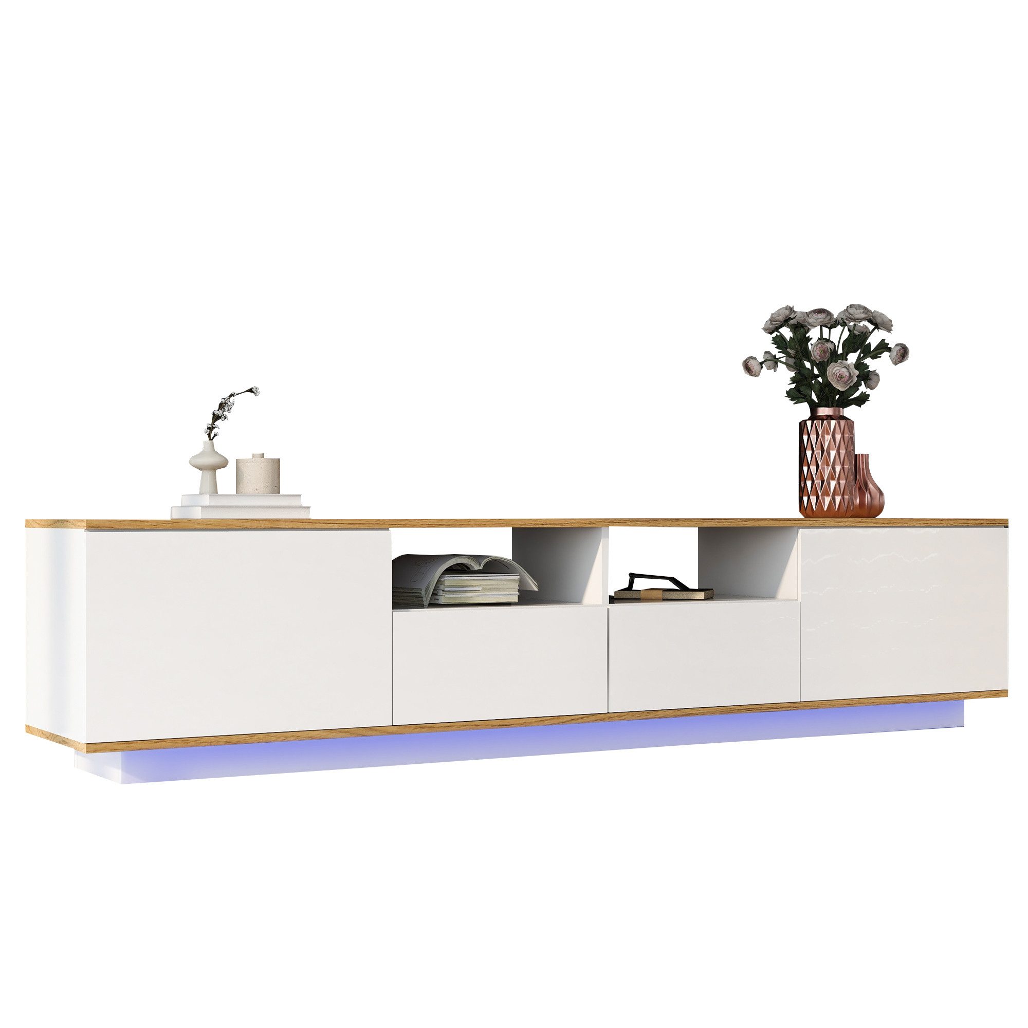 Lowboard TV-Schrank in weiss mit LED-Licht 2 Schubladen und 4 offene Regale