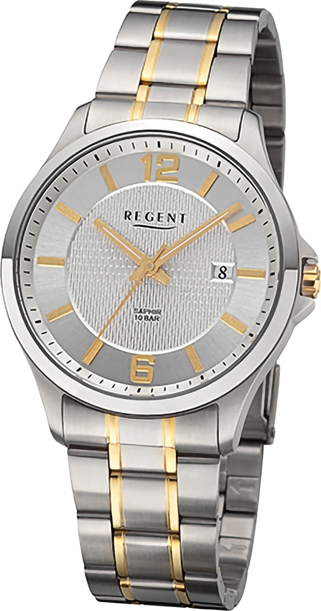Regent Quarzuhr Regent Armbanduhr Herrenuhr Gehäuse, gold, rundes Analog, groß silber, (ca. Metallarmband Herren 39mm)
