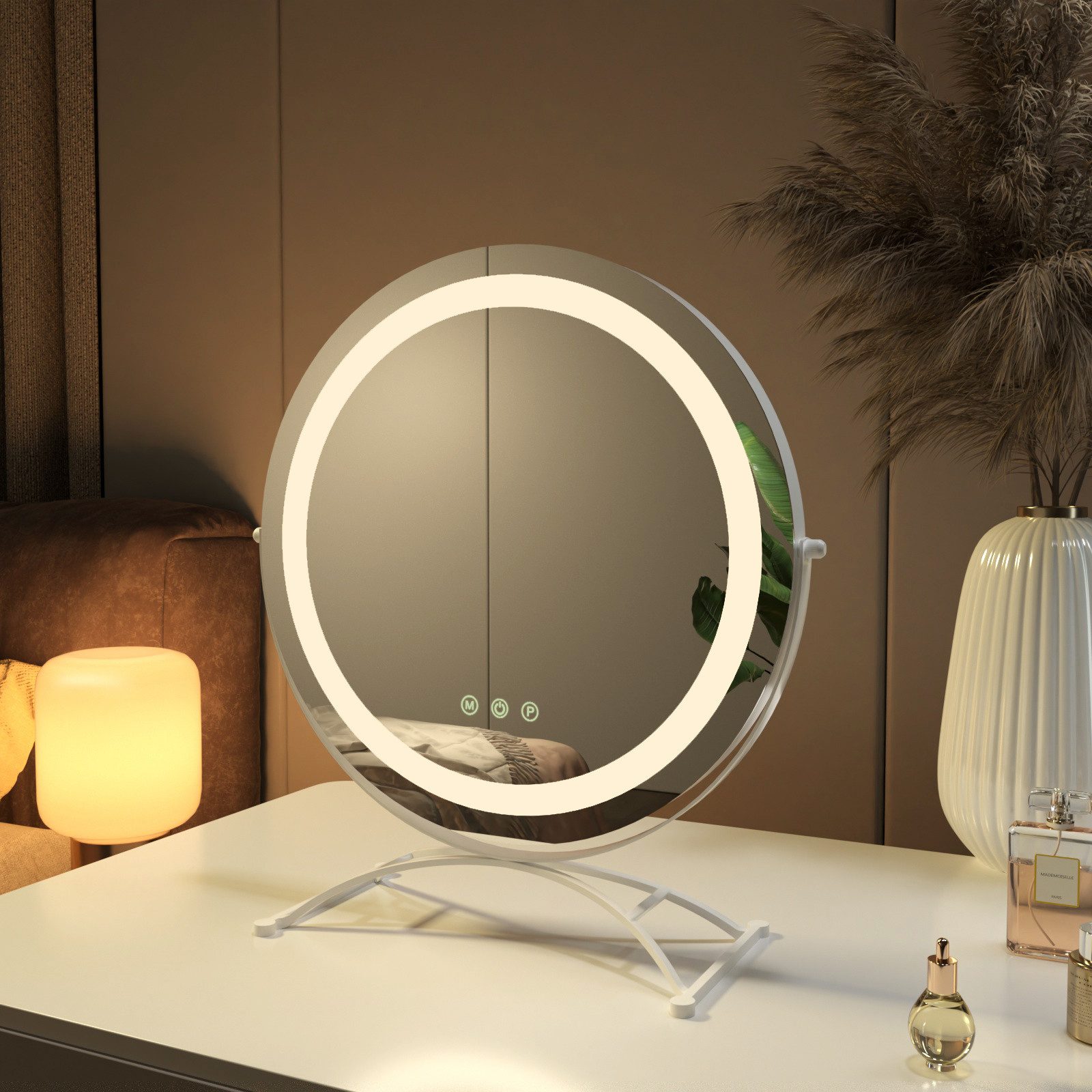 EMKE Kosmetikspiegel 360° Drehbar Schminkspiegel Runder Tischspiegel mit LED Beleuchtung (Mond über den Wolken Serie), mit Touch, 3 Lichtfarben Dimmbar, Memory-Funktion, 360° Drehbar