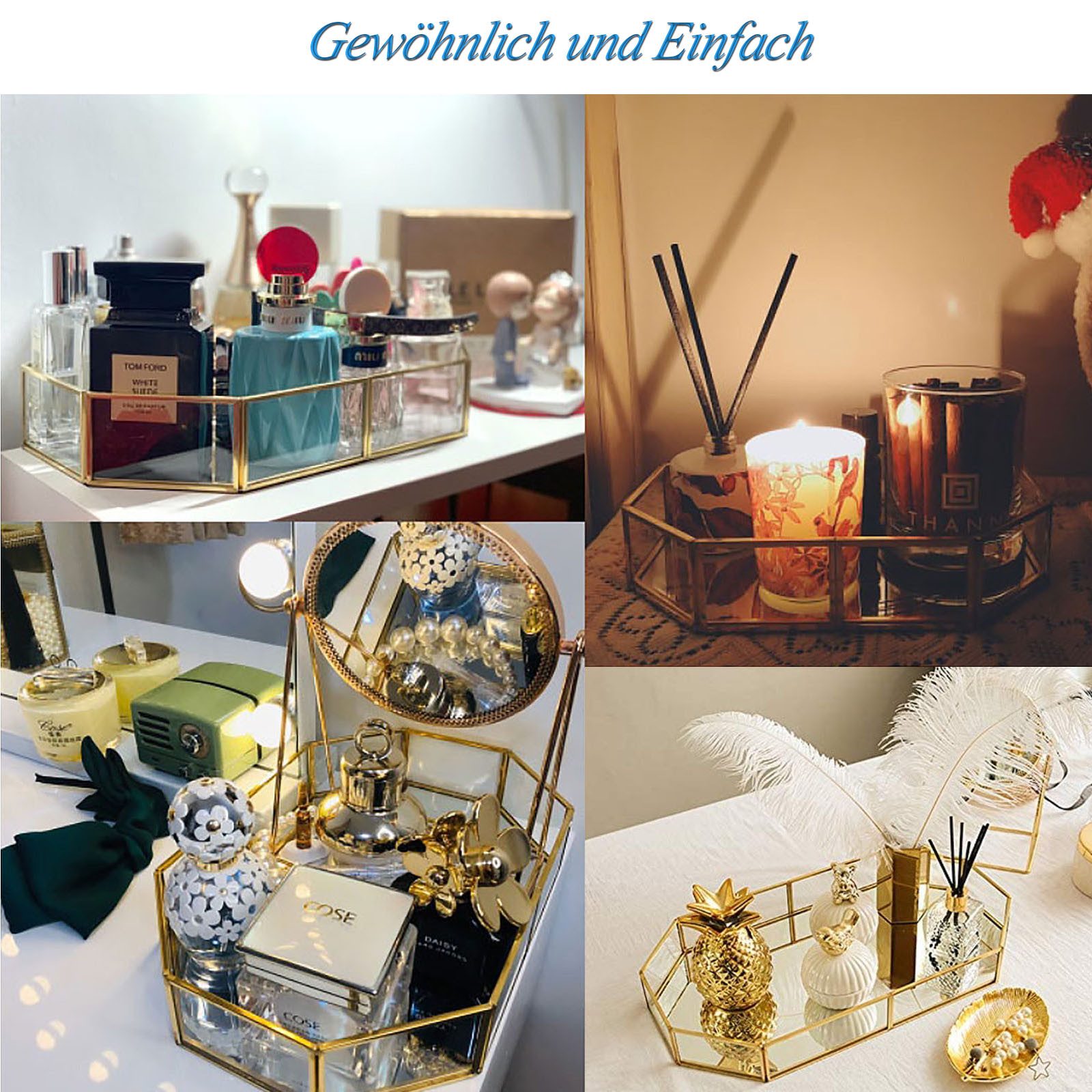 TUWENA Duschregal Verspiegeltes Tablett aus goldfarbenem Glas, Make-up Tablett – Bild 5 von 5