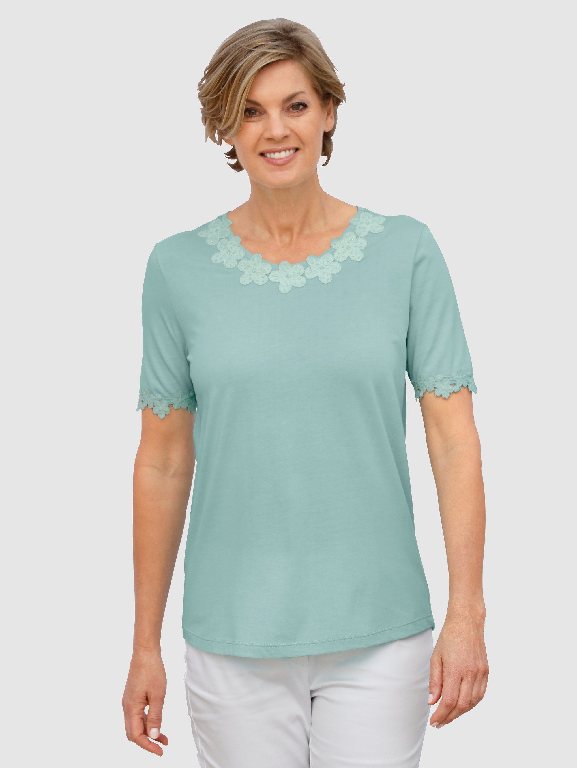 Paola Shirt mit Stehkragen blau langarm Baumwolle uni Damen