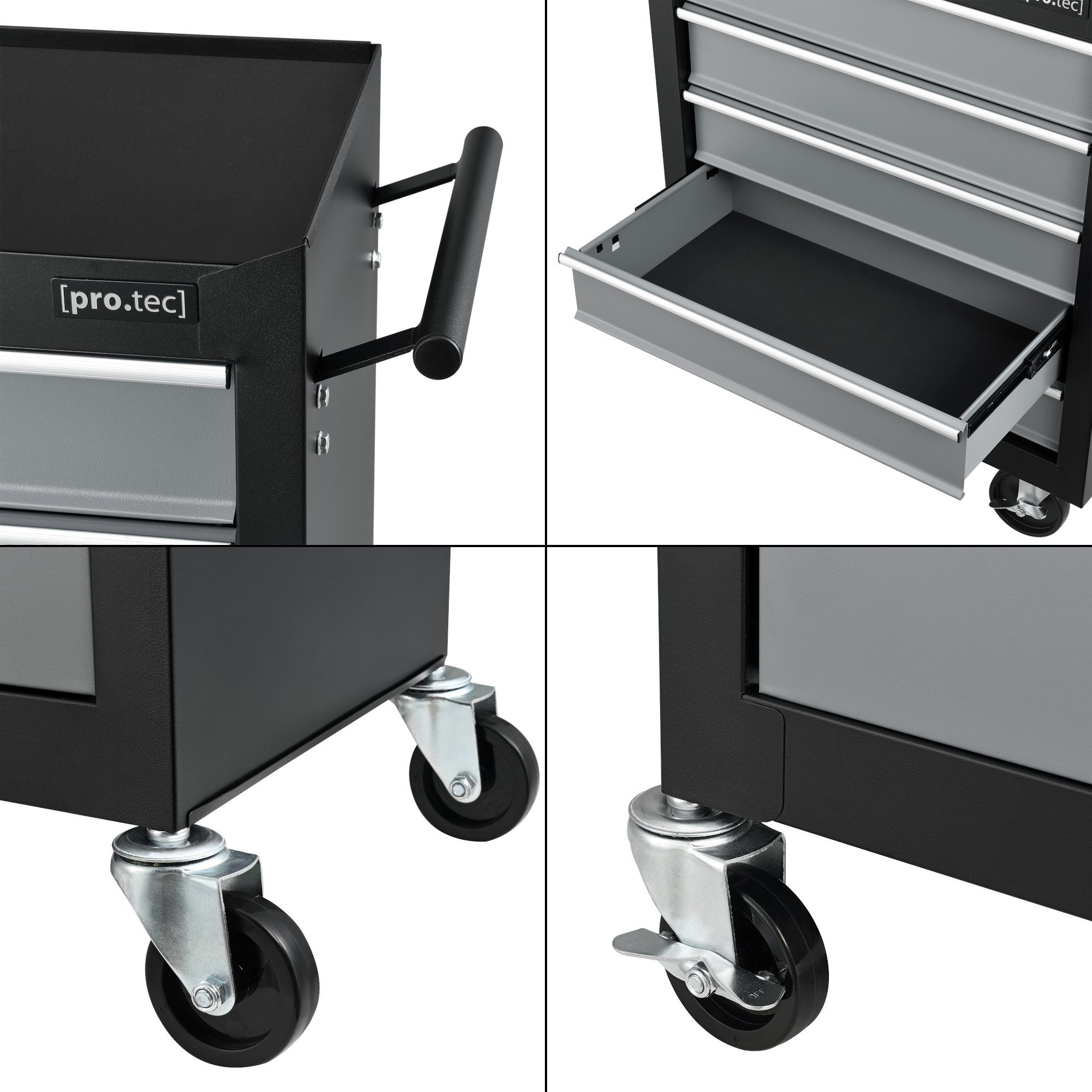 pro.tec Werkstattwagen, unbestückt, max. Traglast:50 kg, Werkzeugwagen mit 5 Schubladen Rollwagen abschließbar Stahl Schwarz