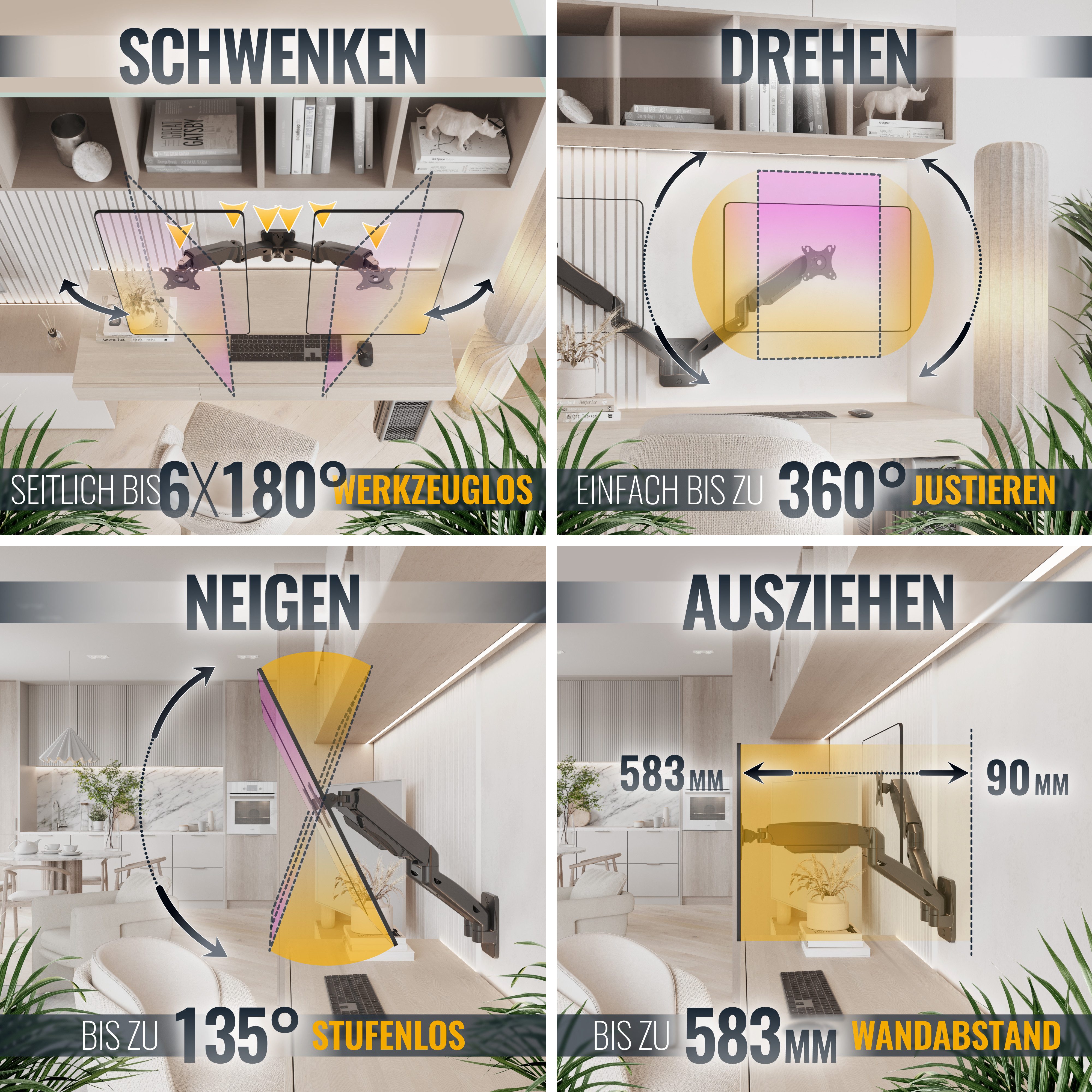 RICOO TV-Wandhalterung Monitor Wandhalterung mit Gasfeder für 2 Bildschirme S4711, (bis 32 Zoll, VESA 75x75 und 100x100, 1-tlg., drehbar neigbar schwenkbar 17" bis 32" Höhenverstellung per Gasfeder, bis 135° Neigung, bis 180° Schwenkung, 360° Drehung Monitor Halter)