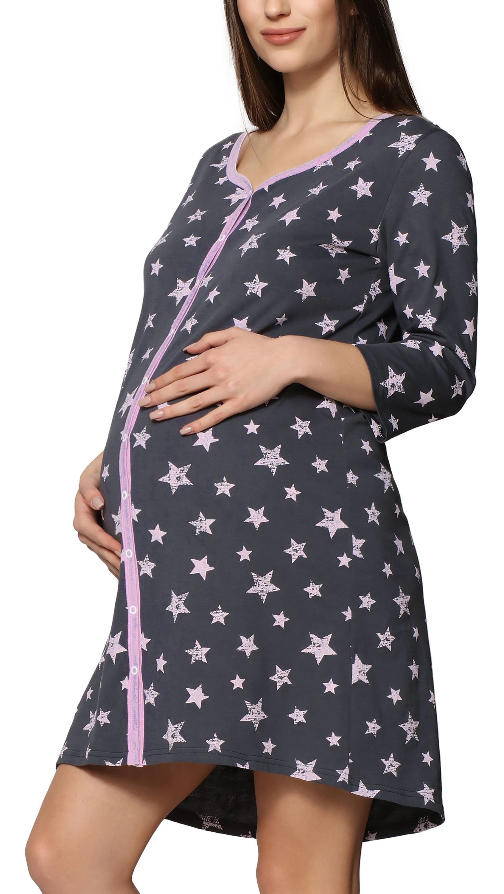 Be Mammy Umstandsnachthemd Damen Umstands Nachthemd 3/4 Arm mit Stillfunktion BE20-276 (1-tlg) Graphit Sterne Rosa