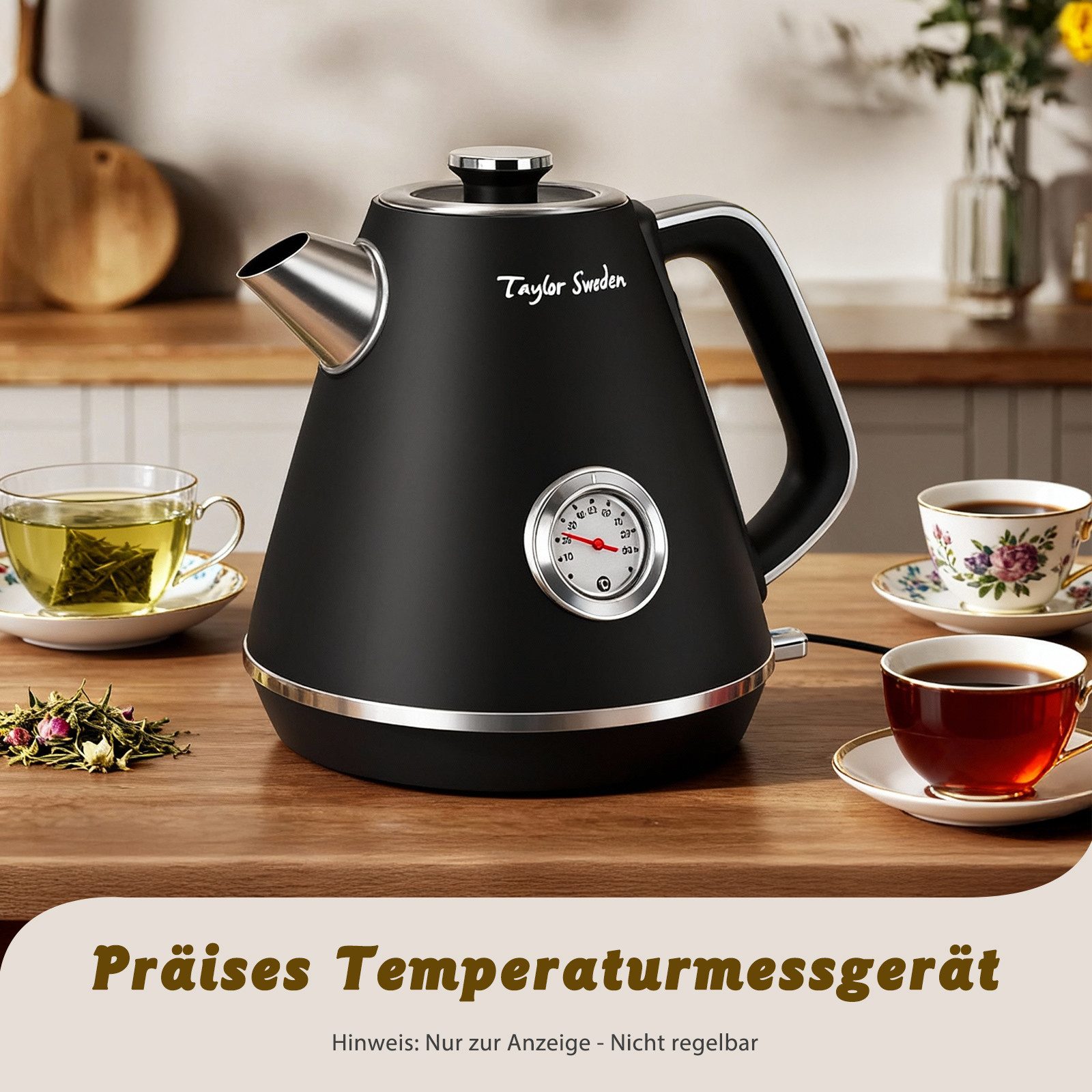 Taylor Swoden Wasserkocher Retro Wasserkocher 1,7L, 2200W, Temperaturanzeige, mit Kalkfilter, 2200,00 W, Mit Wasserstandsanzeige, Drehbare Basis, Abschaltautoma – Bild 4 von 5