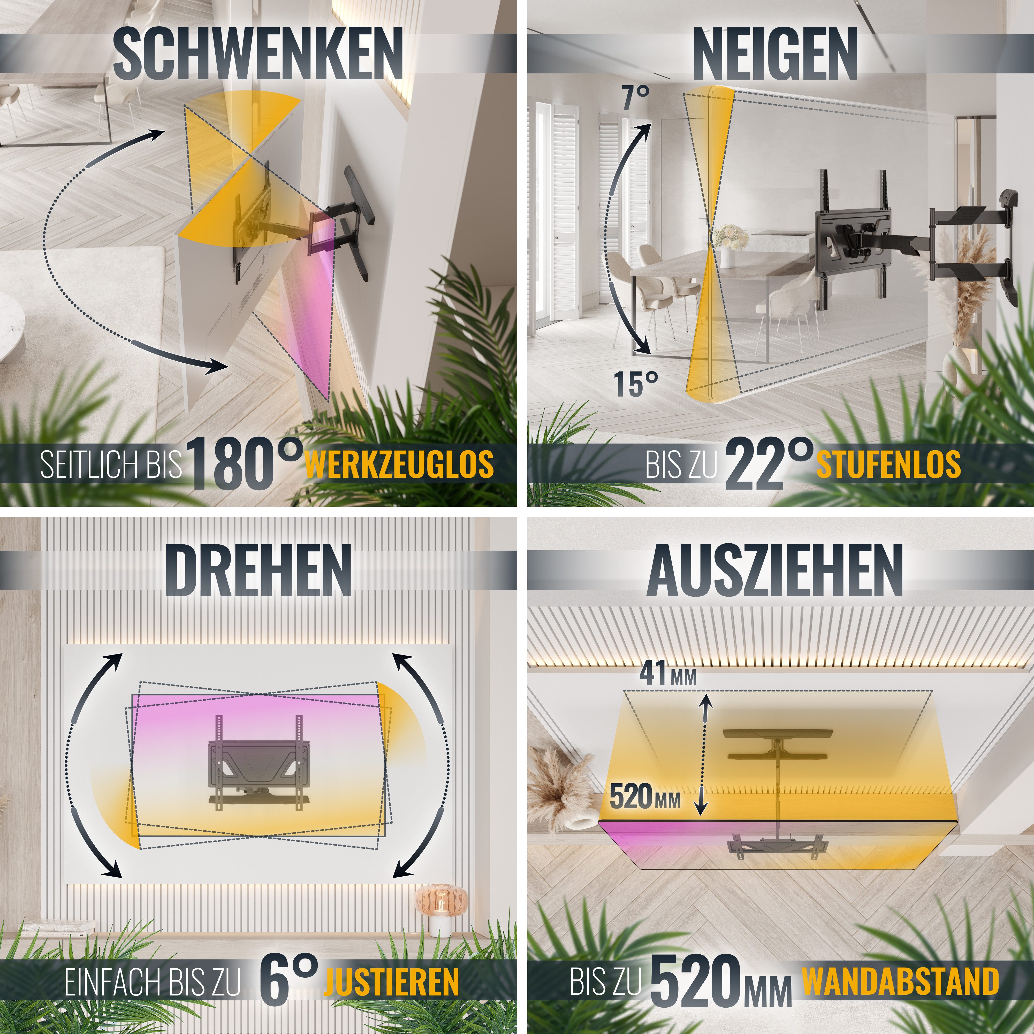 RICOO TV-Wandhalterung Wandhalterung TV 32 Zoll bis 55 Zoll max 30 Kg schwenkbar S5944, (bis 55 Zoll, VESA 200x200 bis 400x400, 1-tlg., 30 Kg Aufnahme, 32" bis 55" (81-140 cm) Bildschirm Diagonale, bis 22° Neigung, bis 180° Schwenkung, bis 6° drehbar Fernseher Halter)