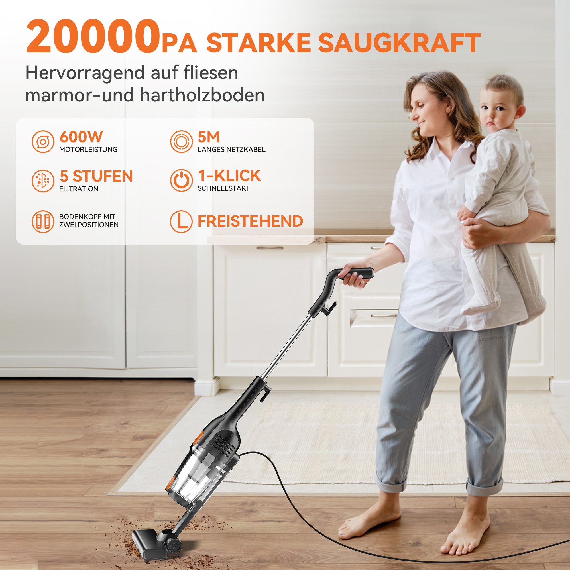 INSE Hand-und Stielstaubsauger INSE, 600 W, beutellos, 20Kpa Saugkraft, 600W Motor, 1,66kg leicht, Verstellbar&Selbststehend – Bild 2 von 5