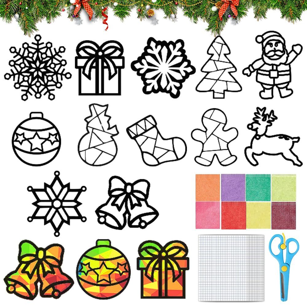 CLTYQ Kreativset Basteln Weihnachten Kinder, 12 Stück Fensterbilder Set, DIY Bastelset, Bastelvorlagen für Kinder Geschenk