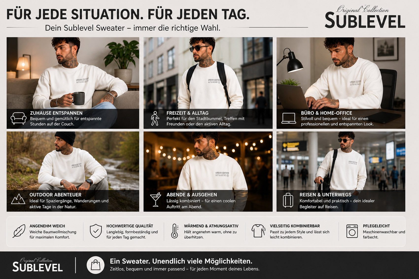 SUBLEVEL Sweatshirt Pullover Herren Sweater Sweatshirt Rundhals Perfekte Passform Hochwertige Verarbeitung, Angenehm weich & bequem