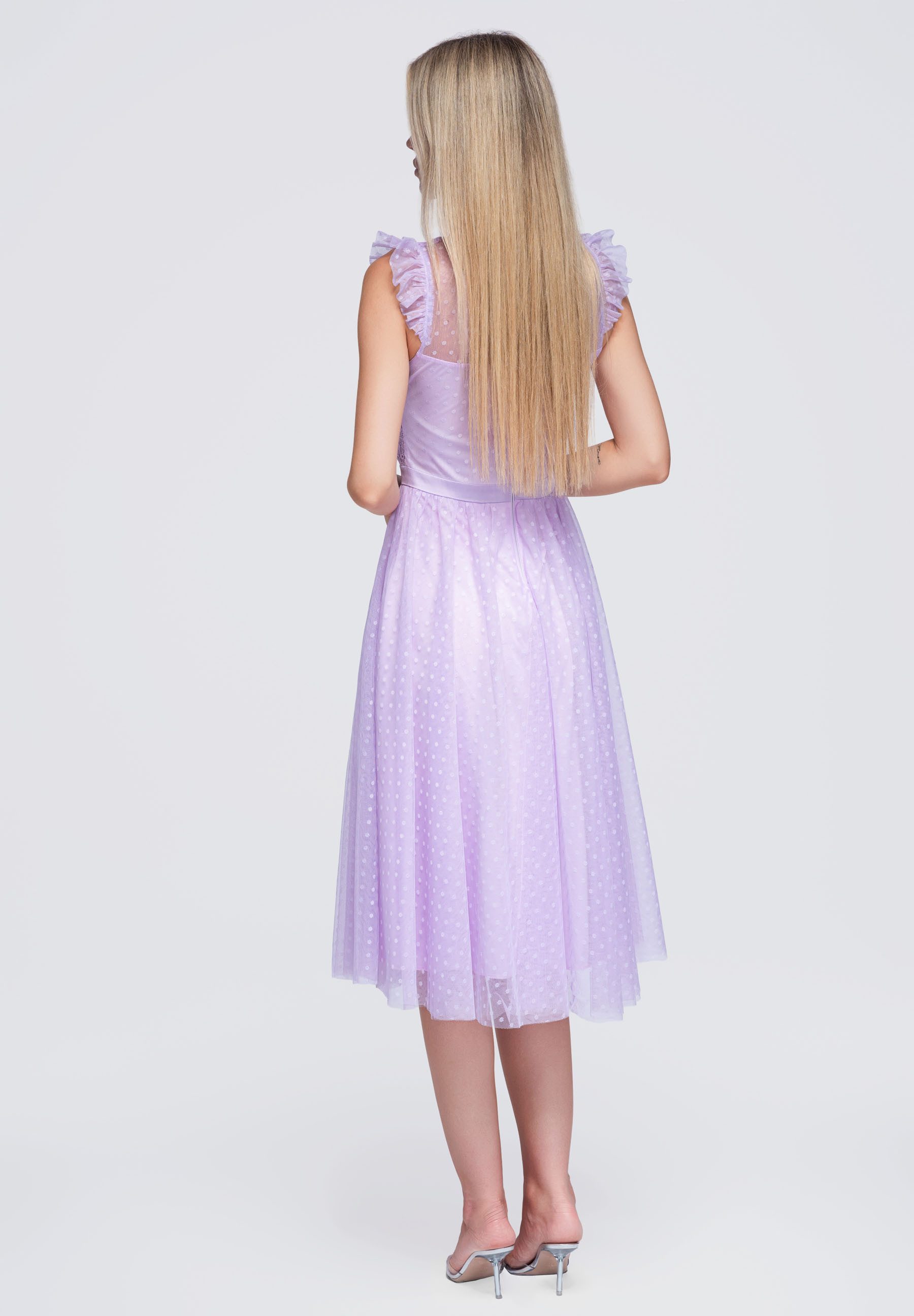 OMBRE Abendkleid Damen Midi-Kleid mit Rüschen und Rundhalsausschnitt Violett L (kein Set, 1-tlg) mit Volant