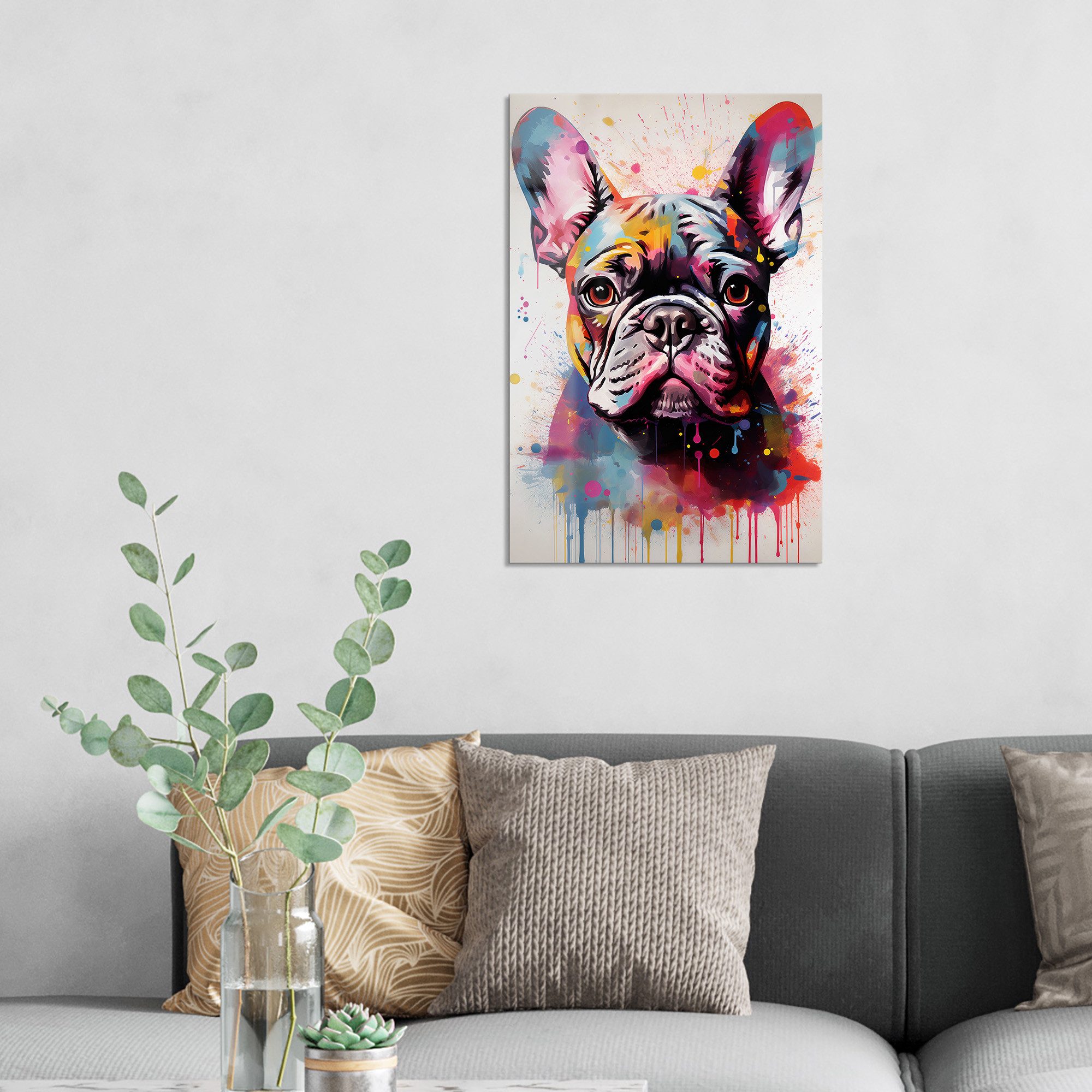 DEQOART Glasbild 'Bunter Frenchie', 'Bunter Frenchie', Glas Wandbild Bild schwebend modern