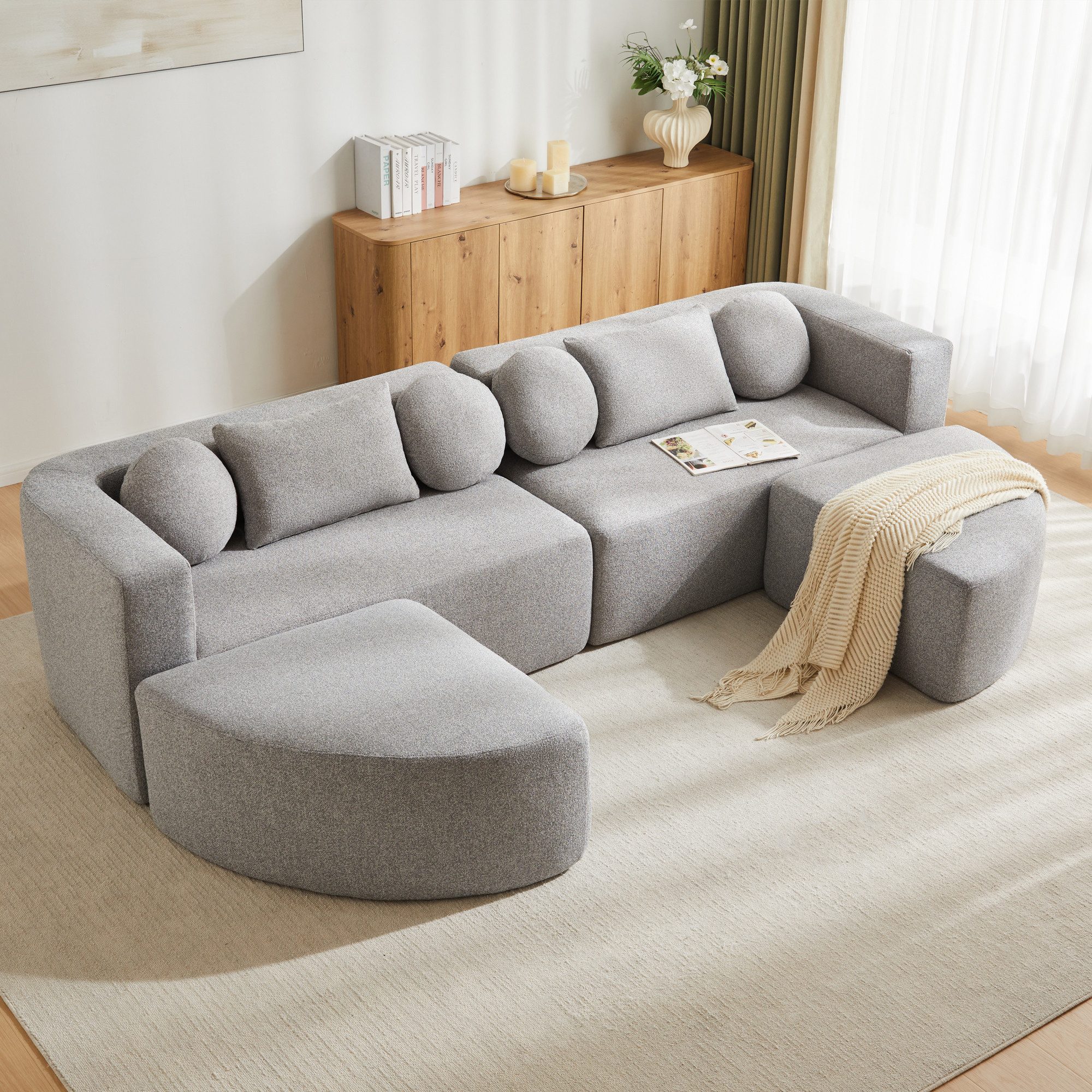 Flieks Sofa Modulare Ecksofa mit Schlaffunktion U-Form, keine Montage erforderlich 4 Teile, Multifunktional Schlafsofa Cloud Couch Chenillestoff Grau