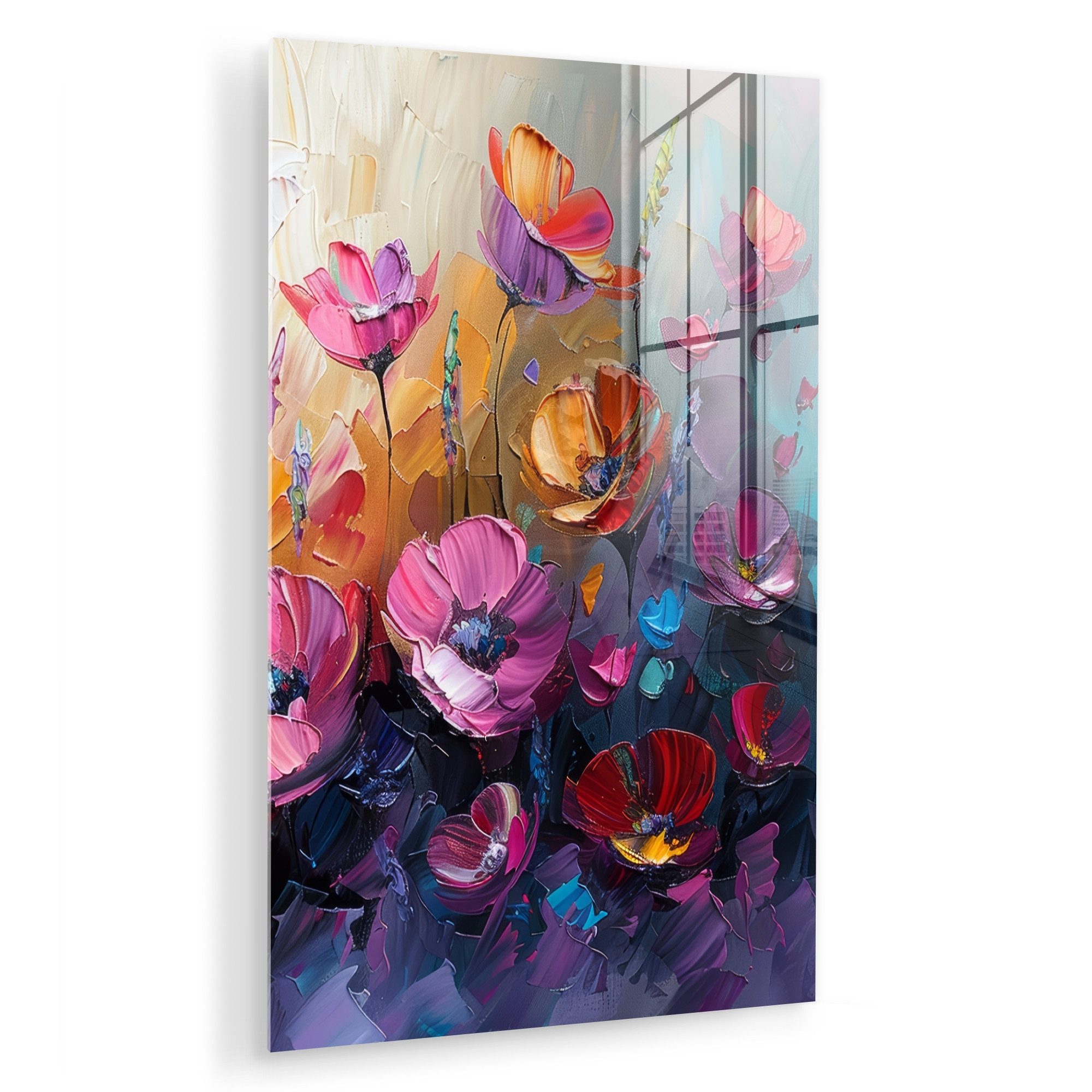 MuchoWow Acrylglasbild Blumen - Lila - Farbenfroh - Handbemalt - Kunst, Inkl. Aufhängung, Dekorative Bild für Küche & Wohnzimmer auf Glas, 20x30 cm