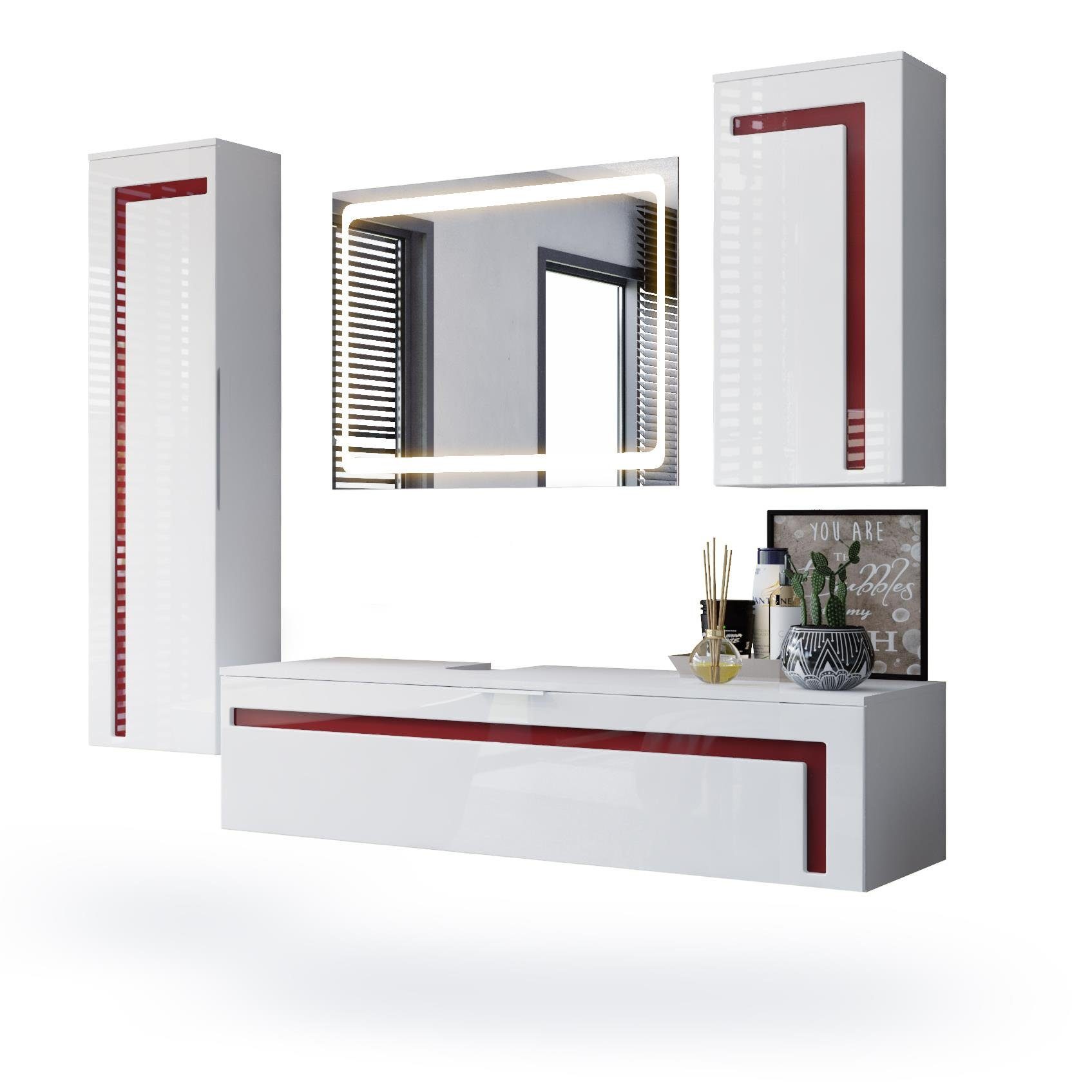 Vladon Badmöbel-Set Aloha, (Badezimmer-Set mit 2 Hochschränken, 1 Unterschrank und 1 LED Spiegel), Weiß matt&glänzend, Absetzungen in Bordeaux glänzend (210x51x185 cm)