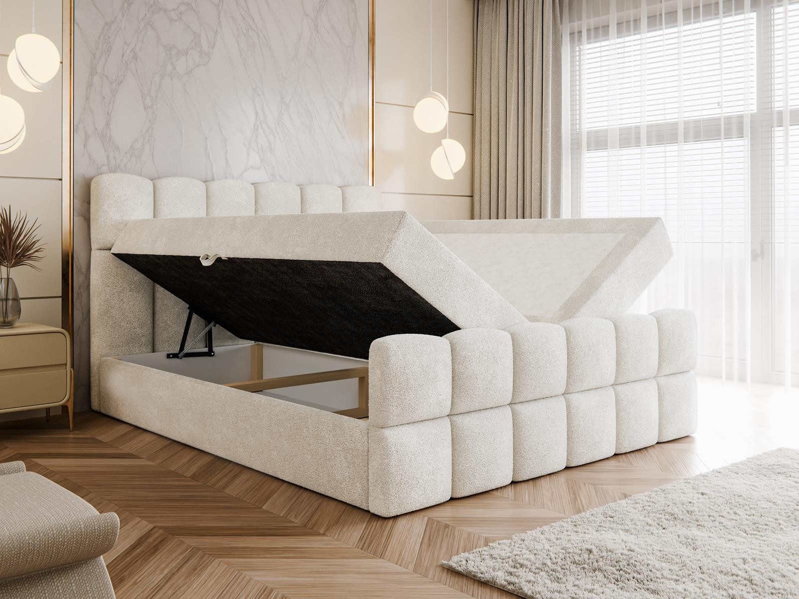Compleo Boxspringbett Wolkenbett mit zwei Bettkästen, Bezug: Bouclé, Designer Bett – Bild 4 von 5