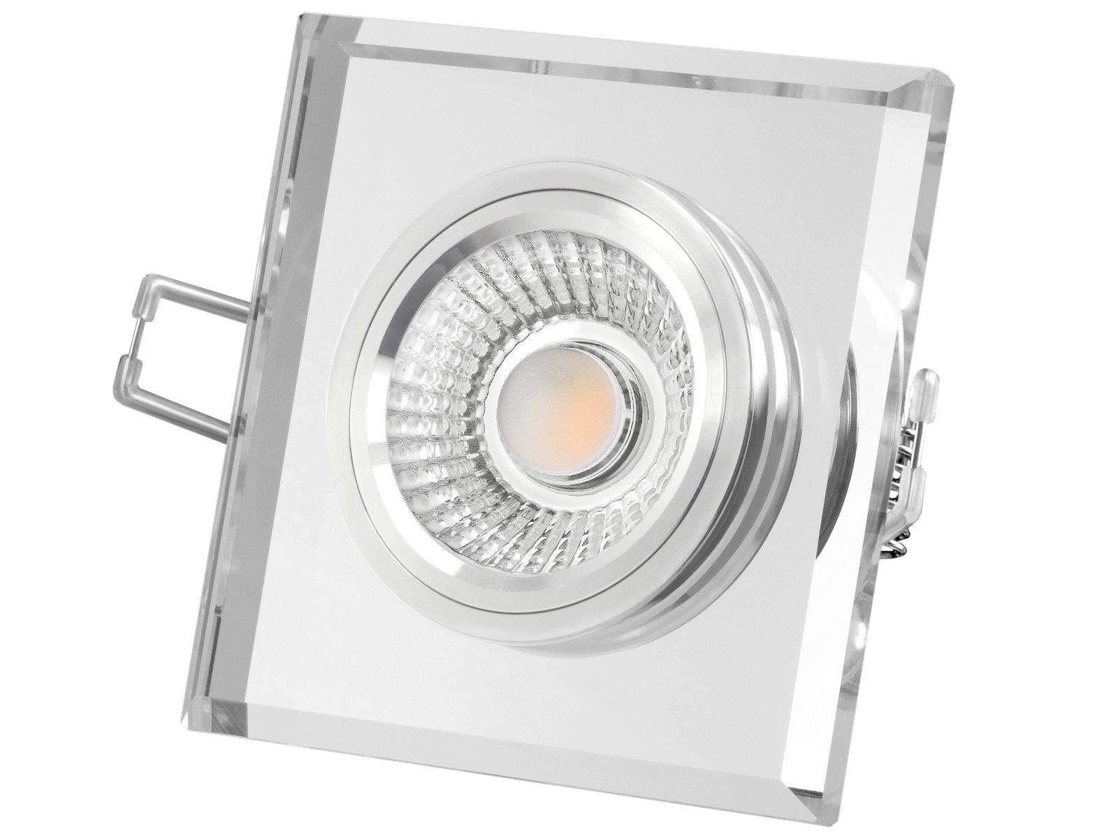 SSC-LUXon LED Einbaustrahler Flacher Design Einbaustrahler aus Glas quadratisch klar spiegelnd, LED, Warmweiß