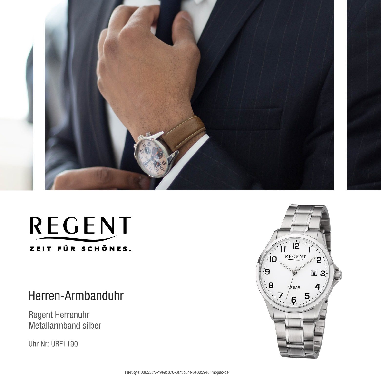 Regent rundes Herrenuhr silber, Gehäuse, Metall Metallarmband F-1190 Quarzuhr Analog, Uhr mittel Herren 39mm) Regent (ca.