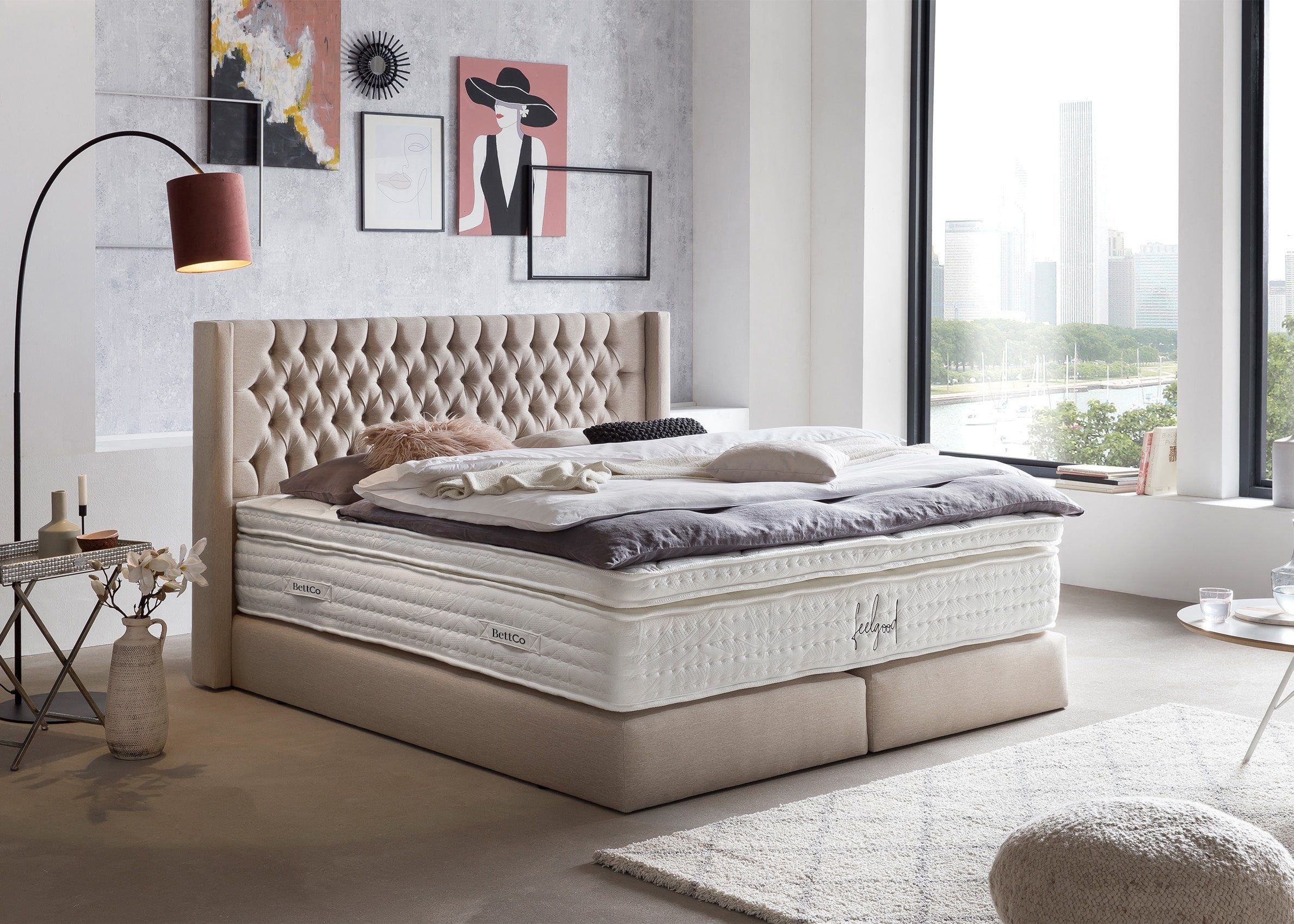 mit BettCo 140 Ohren Webstoff, 200 Gleiterfüße Florida Topper, Boxspringbett cm), x + Kopfteil Beige optionaler (in