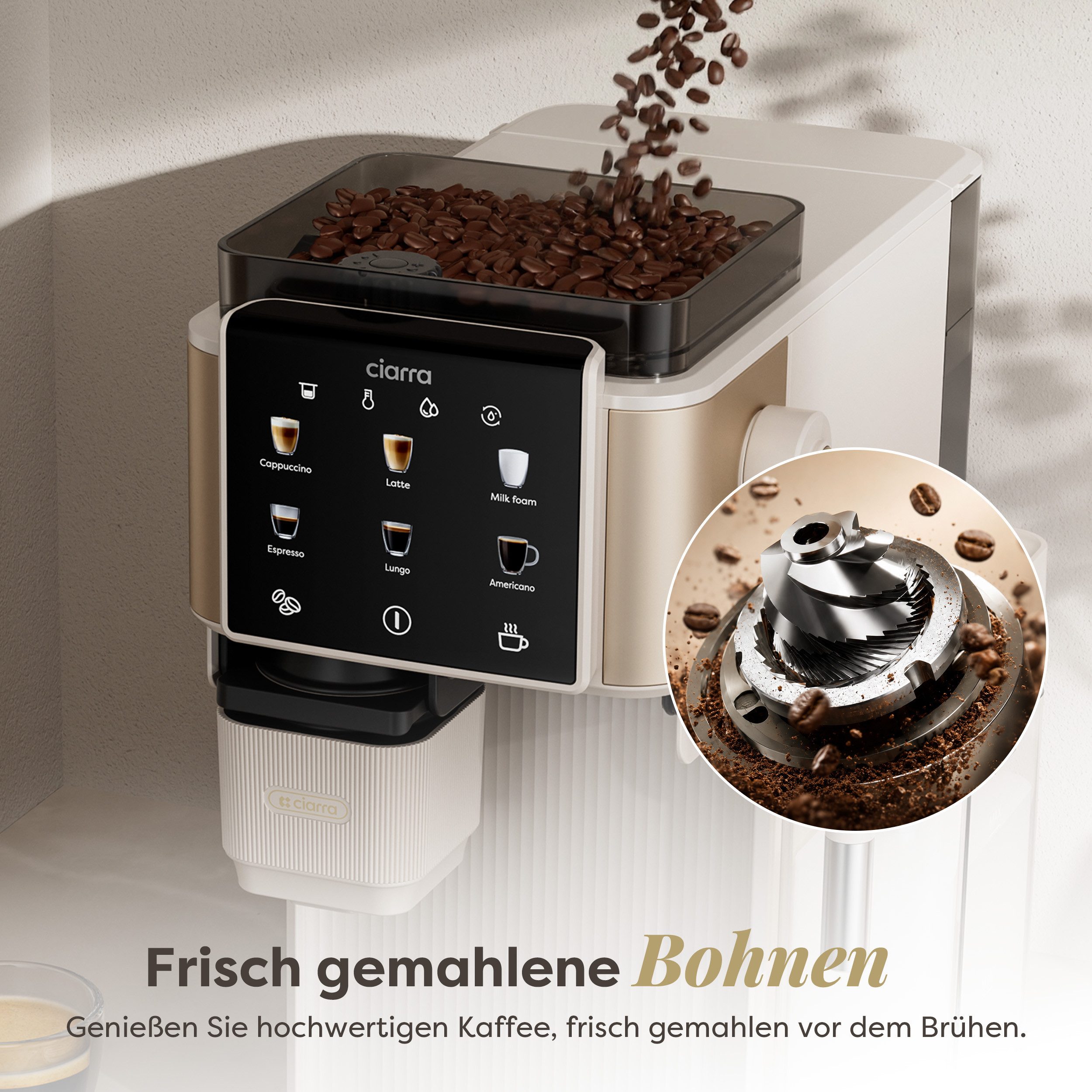 CIARRA Kaffeemaschine mit Mahlwerk Bohnen, Espressomaschine mit Milchaufschäumer, 6 Kaffeeoptionen auf Knopfdruck, 15 Bar Pumpendruck CBSACM-D6, Bohnenbehälter 80g, Milchbehälter 300ml, 6 Mahlstufen Latte Cappuccino