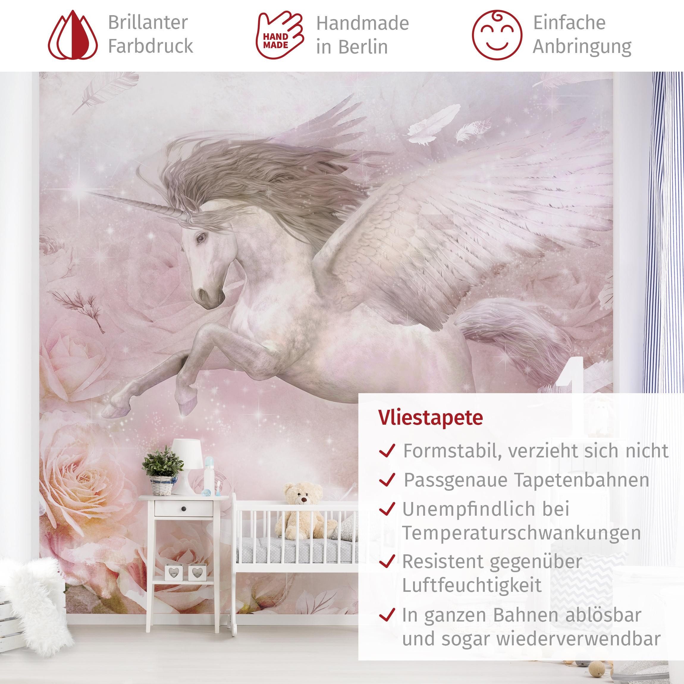 Bilderdepot24 Kindertapete Kinderzimmer Pegasus Einhorn Rosen Kinder Wanddeko Aquarell Pastell, Glatt, Matt, (Vliestapete inkl. Kleister oder selbstklebend), Mädchenzimmer Jungenzimmer Babyzimmer Bildtapete Fototapete Wandtapete