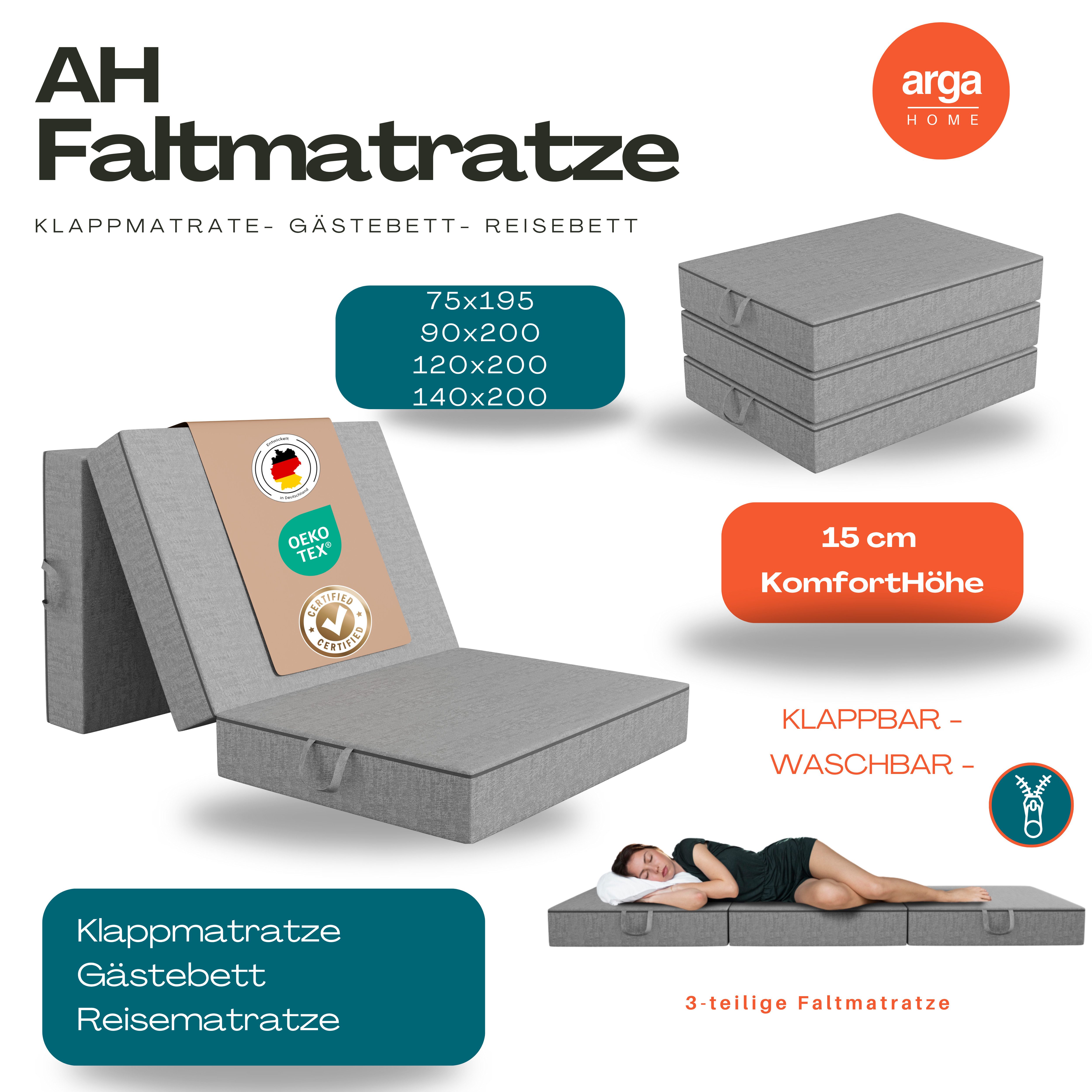 Klappmatratze AH-Falt Klappmatratze, Gästematratze, 15 cm Faltmatratze, 3-teilig, ARGAHOME, 15 cm hoch, (AH_FALT_15, Faltbare Matratze), Breite 75 x 195 cm, waschbare Bezug