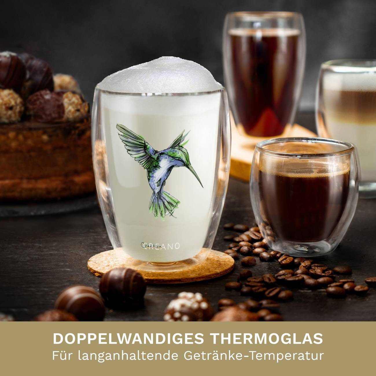 Creano Teeglas Tee-Glas, Latte Machiato, Thermobecher Kolibri blau, 250ml, Borosilikatglas, 1-teilig