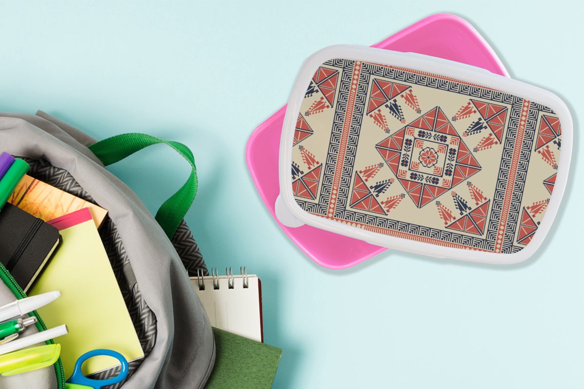 Kinder, MuchoWow Stickerei Blume - Lunchbox (2-tlg), rosa Kunststoff Arabisch, - Brotbox Kunststoff, Snackbox, Mädchen, Fliese - Erwachsene, Muster - für Brotdose