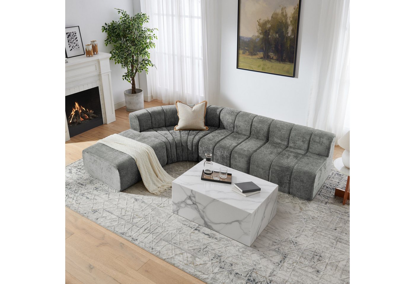 Celya Sofa 4-Sitzer Kompressions-Ecksofa mit frei kombinierbaren Modulen, rückenlehnlosen Module können als provisorischer Ablagetisch,Fußhocker