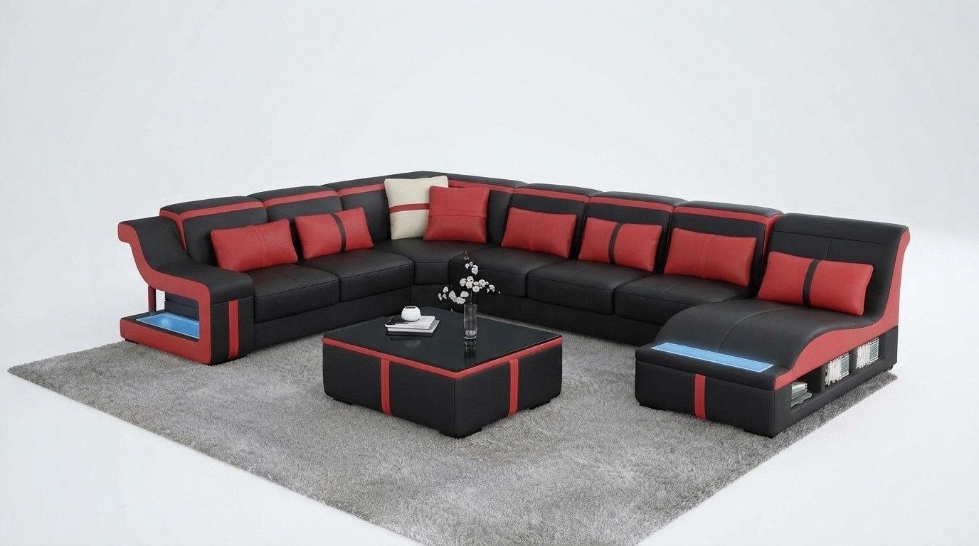 Xlmoebel Wohnlandschaft Elegantes Ledersofa U-Form mit integrierter Beleuchtung, Wohnlandschaft, Hergestellt in Europa