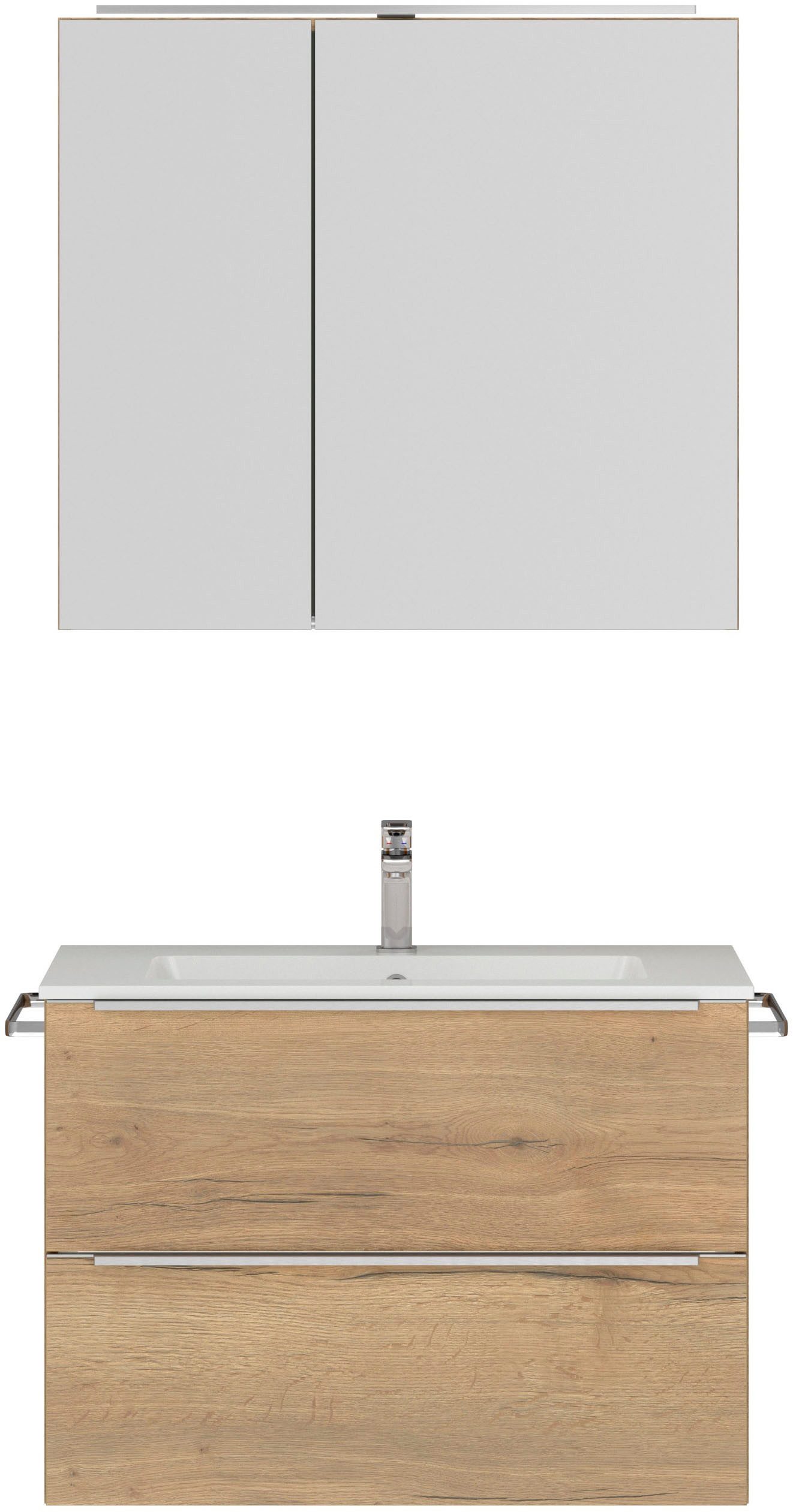 nobilia® Badmöbel-Set Levere, (2-St., vormontiert, mit Soft-Close), inkl. Spiegelschrank mit Beleuchtung und Dimmerfunktion, in 4 Breiten