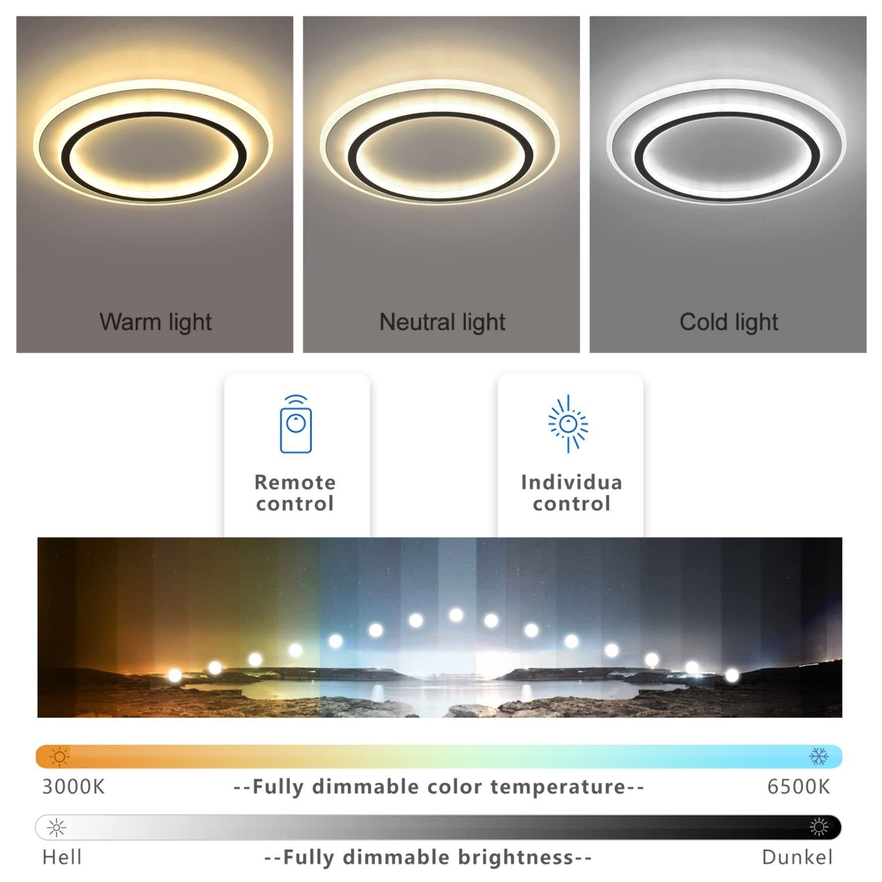 JDONG LED Smarte 5000K, Wlan 4000K, Google 3000K, und mit integriert, LED Timer Timer, Lampe Alexa mit fest Deckenleuchte Kompatibel Nachtlichtfunktion mit Deckenlampe Home, Lampe