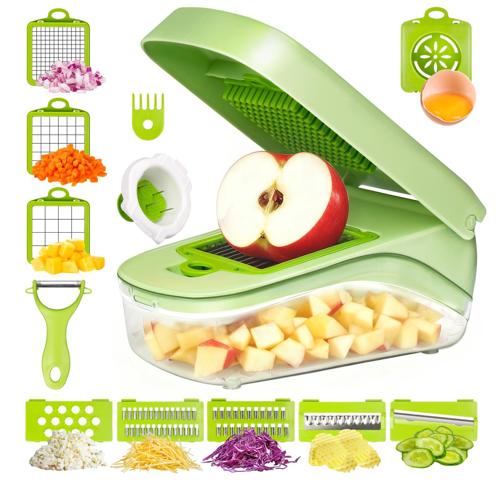 PFCTART Gemüseschneider Gemüseschneider 17-in-1 mit Auffangbehälter – Gemüsehobel & -schneider, 0 W, Multifunktionaler Zwiebelschneider – Würfeln, Hobeln, Reiben in einem