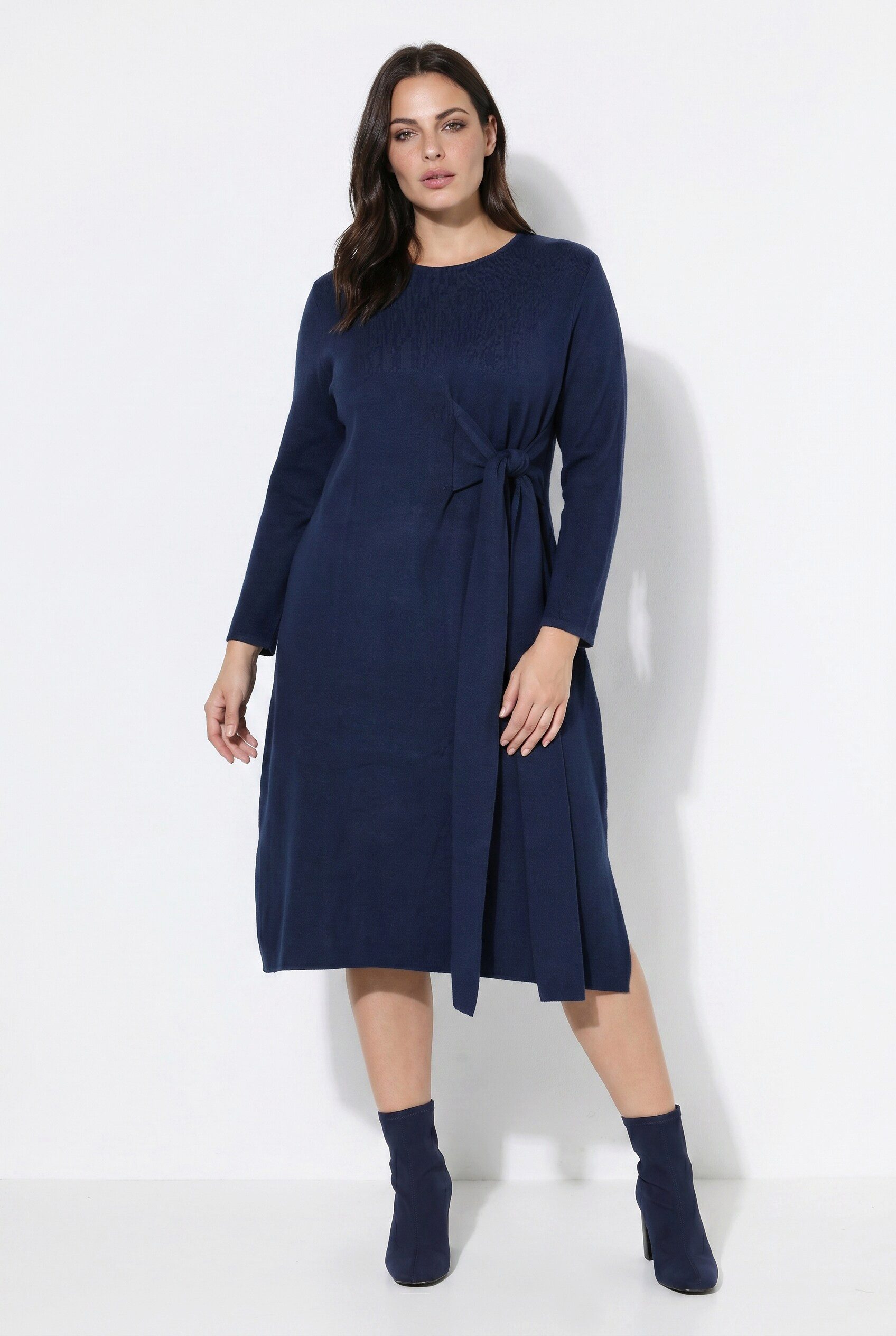 Ulla Popken Maxikleid Maxi-Strickkleid Zierschleife Rundhals Langarm
