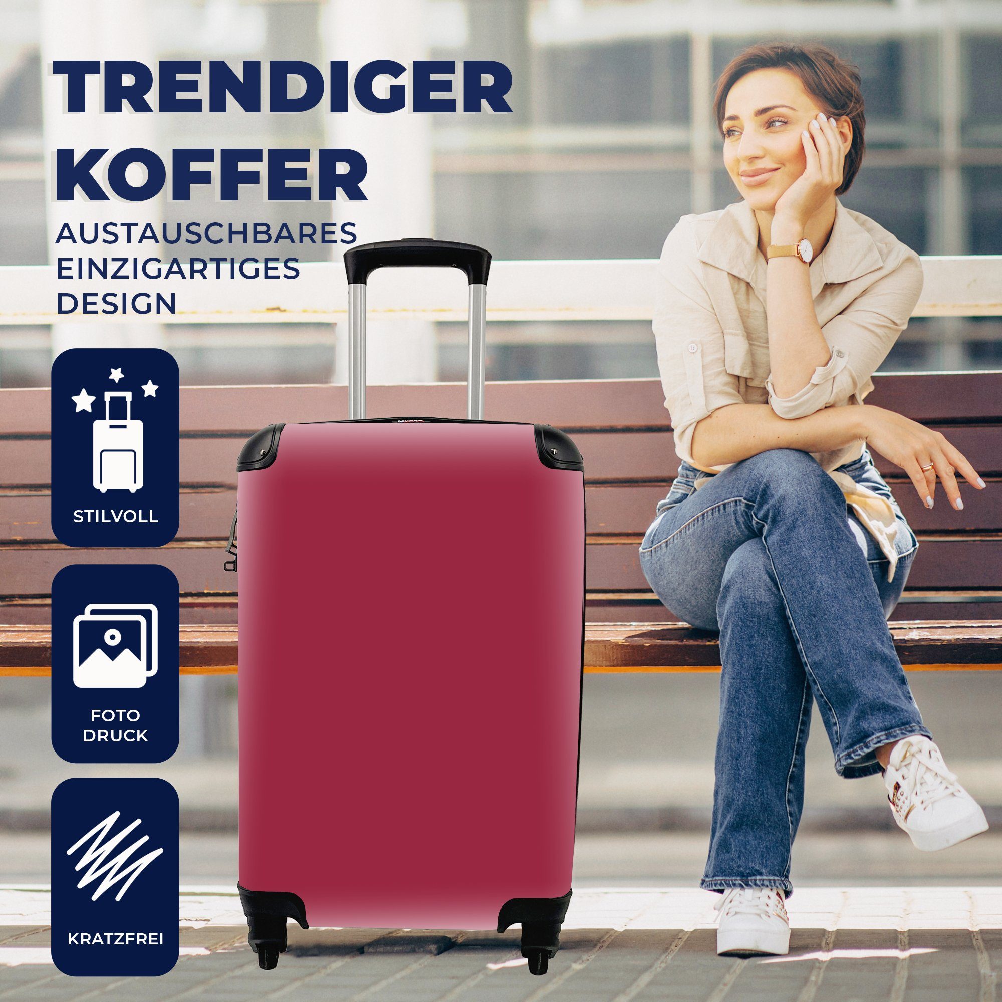 Handgepäckkoffer MuchoWow Ferien, Einfarbig, Trolley, rollen, mit Handgepäck Reisekoffer Rot 4 Rollen, Reisetasche für -