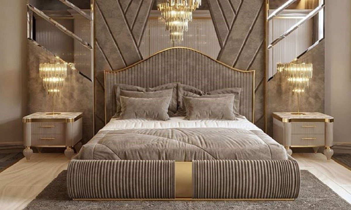Casa Padrino Bett »Schlafzimmer Set Grau / Weiß / Gold - 1 Doppelbett mit  Kopfteil & 2 Nachttische - Schlafzimmer & Hotel Möbel - Kollektion«