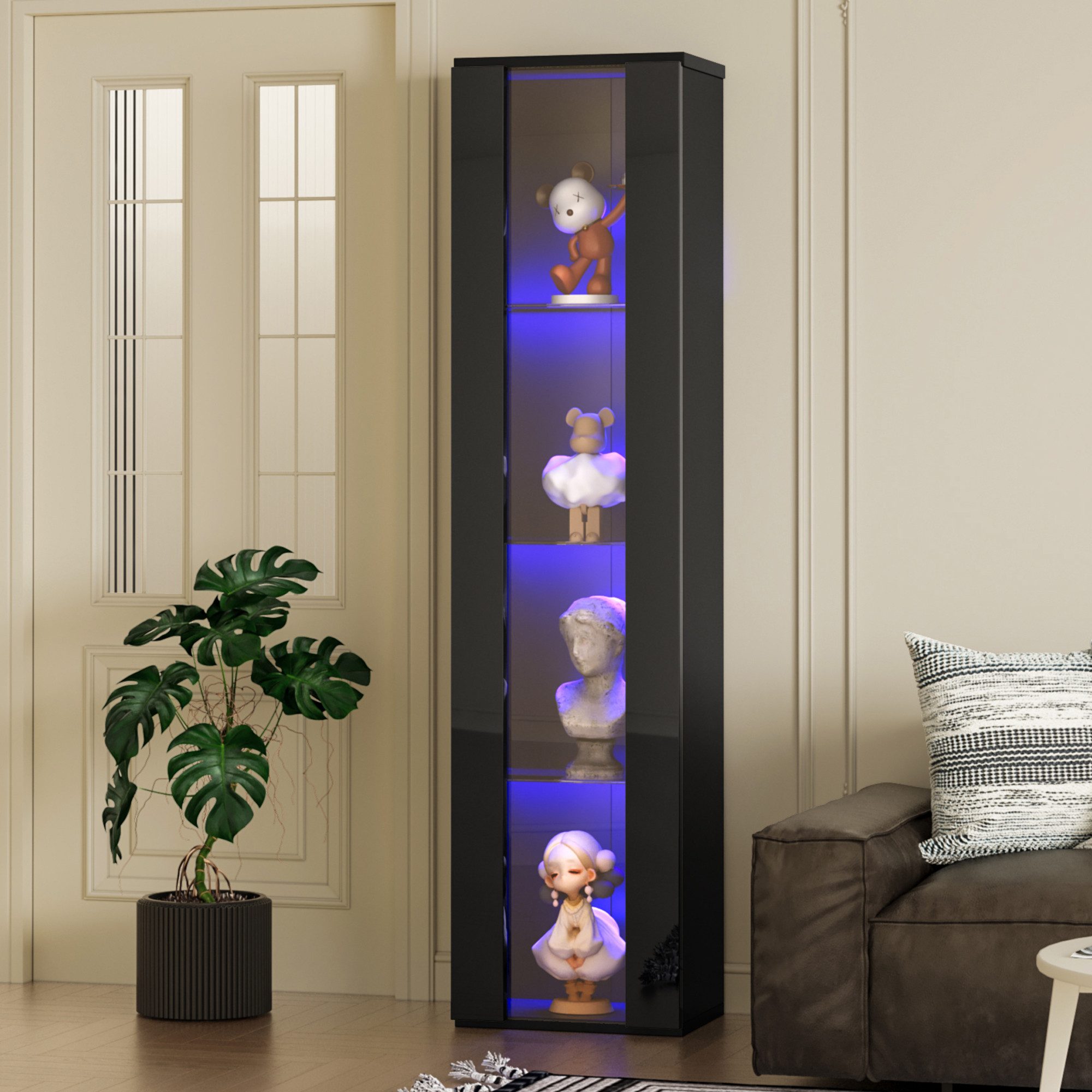 KLAM HOME Vitrine 40x29x170 cm, multifunktionale Vitrine, Glasvitrine mit Glastrennwand (LED-Farbwechsellicht, Fernbedienung/App-Einstellung, Acrylplatte) Schlichtes Design, Schwarz