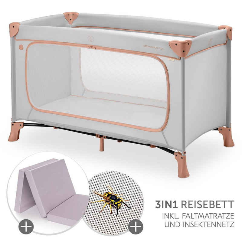 Hauck Baby-Reisebett Dream N Play Plus - Dusty Cork, Kinder Babyreisebett mit Matratze, Moskitonetz, großem Eingang faltbar