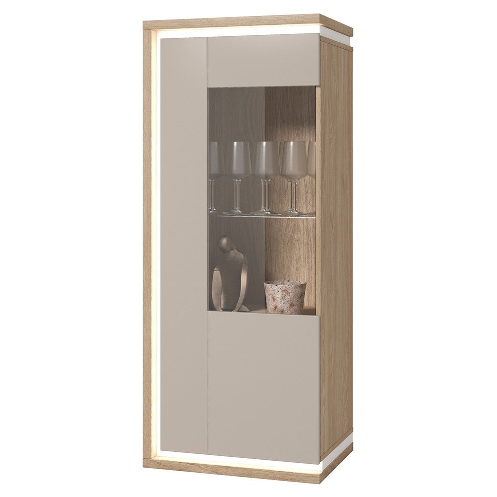 Lomadox Vitrine DRACHTEN-83 Vitrinenschrank Eiche kaschmir Modern 135cm hoch