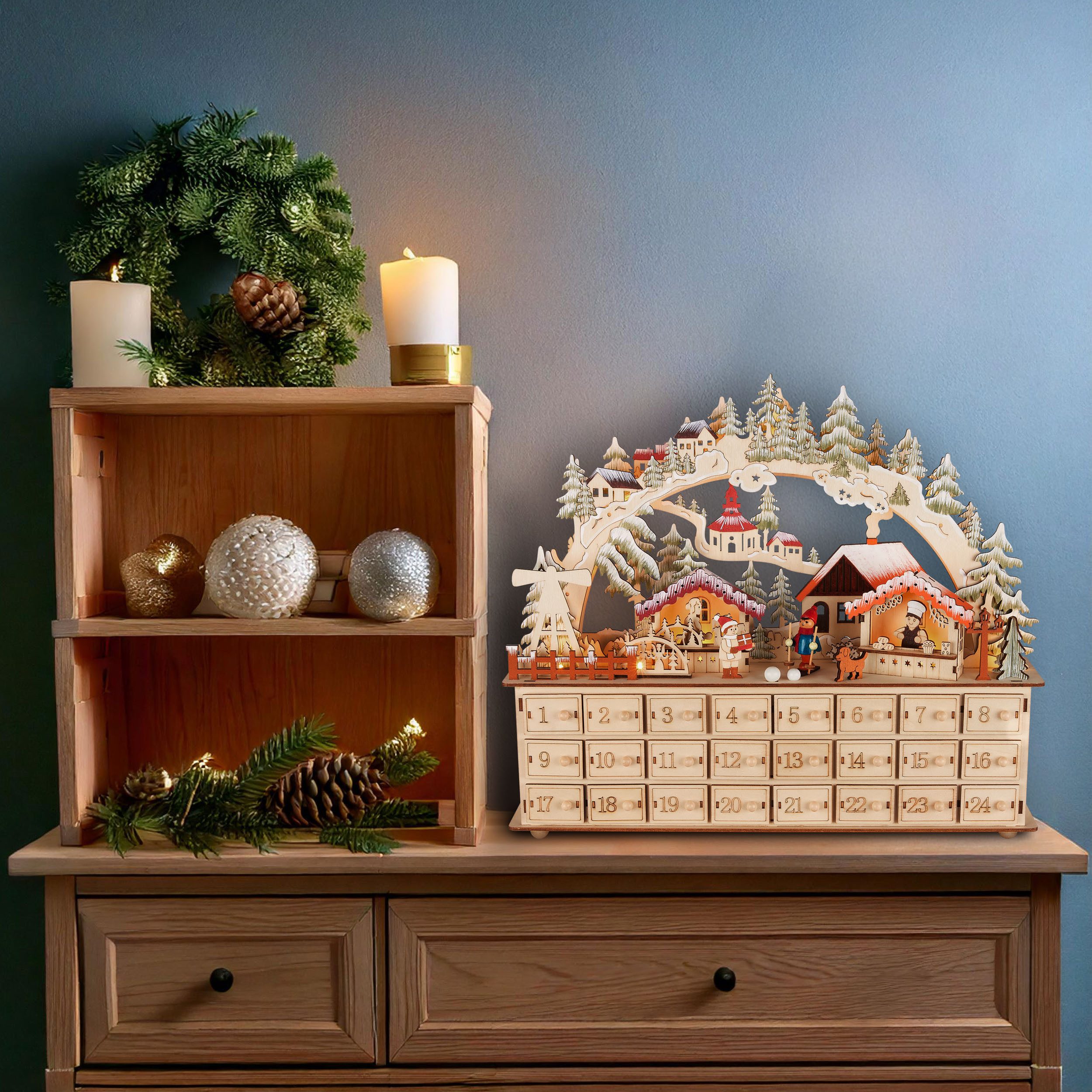 BRUBAKER befüllbarer Adventskalender Weihnachtsdorf - 40 cm Holz Weihnachtskalender + LED Beleuchtung (Adventskalender zum Befüllen mit Bogen - Beleuchtet, 1-tlg), Dorf mit Kindern, Bäckerei, Hund und Wald