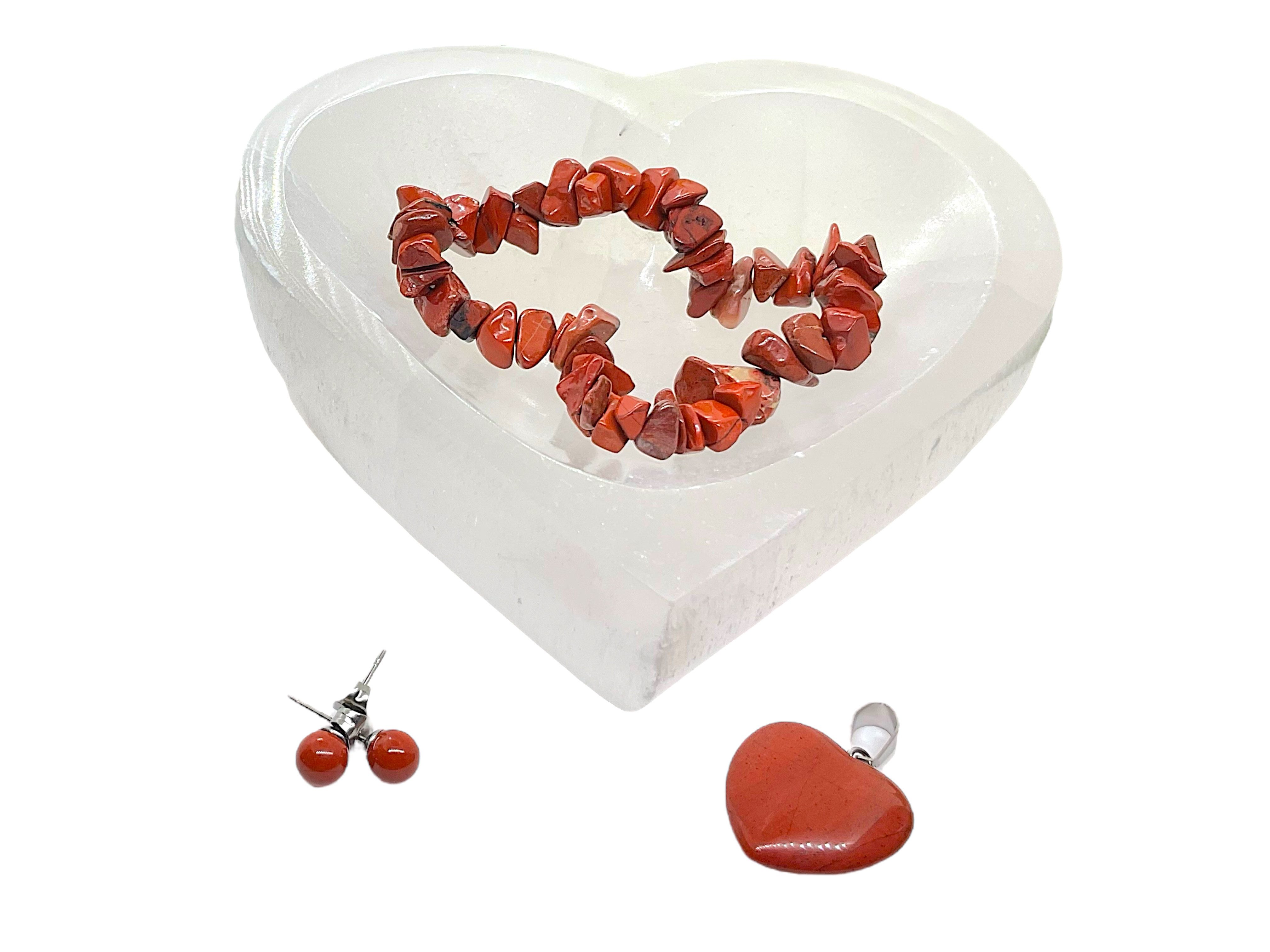 Steinfixx® Schmuckset Jaspis mit hochwertiger Selenit Herzschale 10cm (4 teiliges Set, 4-tlg., Chakrasteine - Heilsteine - Jaspis - Energiebringer), tanken Sie Energie und Kraft - durch Jaspis
