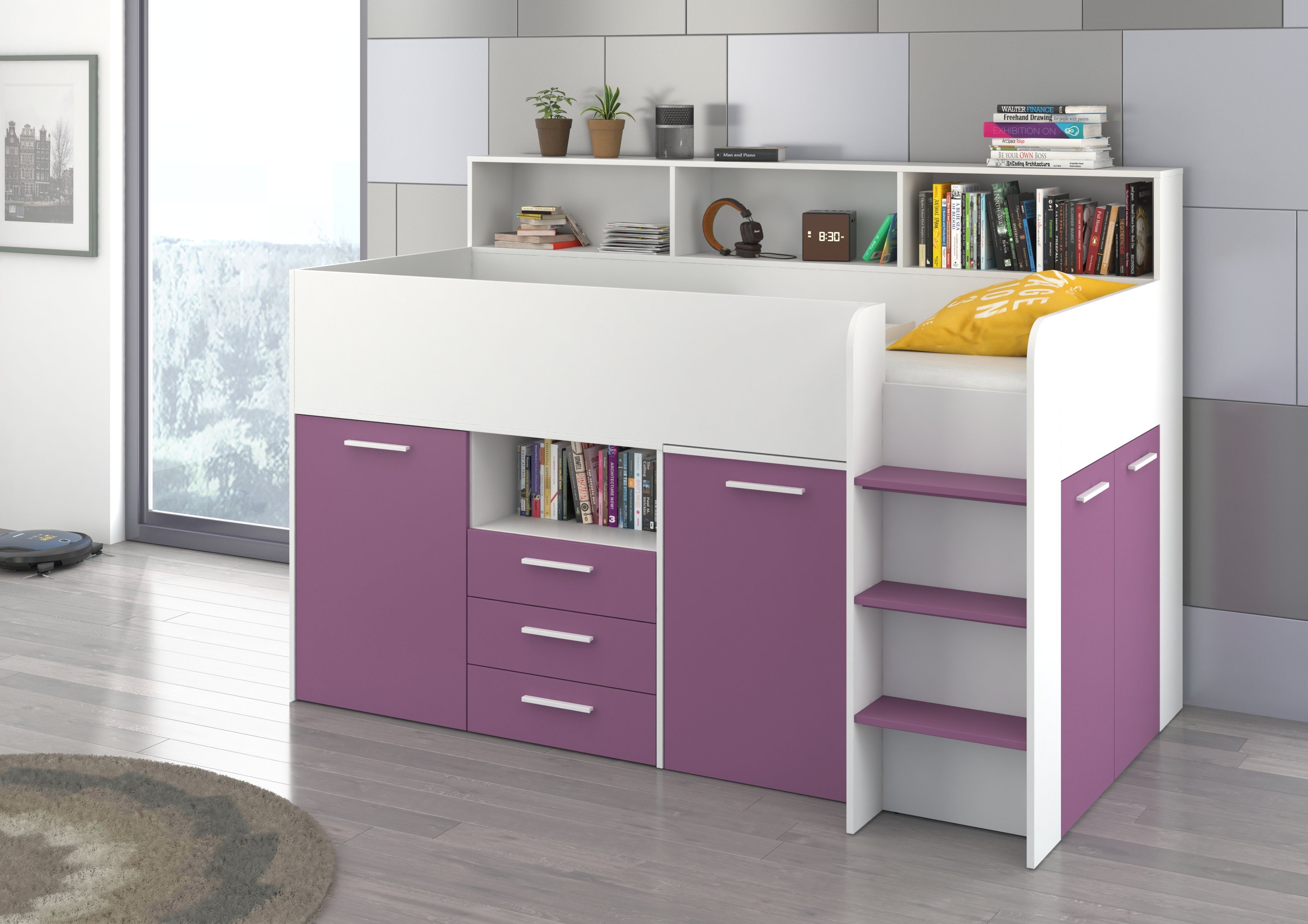 Violett Breite und Regal Matt 206cm, Schränken, Domando Schreibtisch Hochbett Talamone integrierten Hochbett mit und Weiß